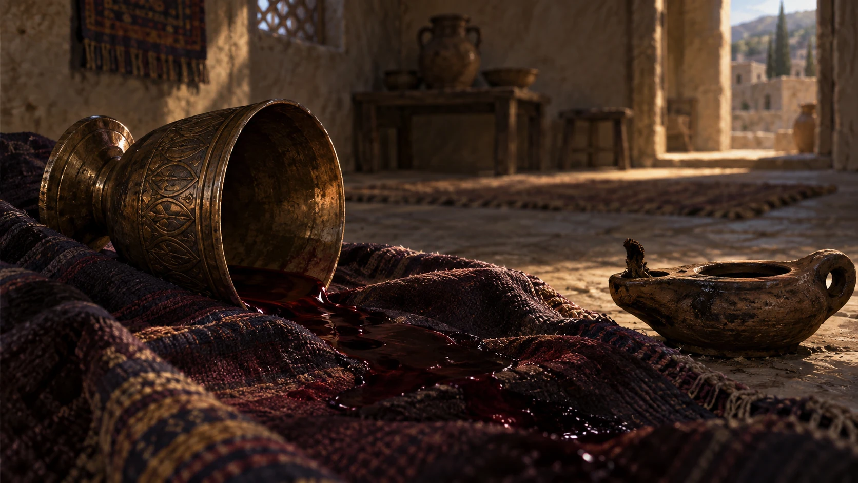 Close overturned wine cup soaking dark cloth beside a neglected small household lamp, shallow focus, empty room; symbolic moral disorientation, no explicit sexuality.