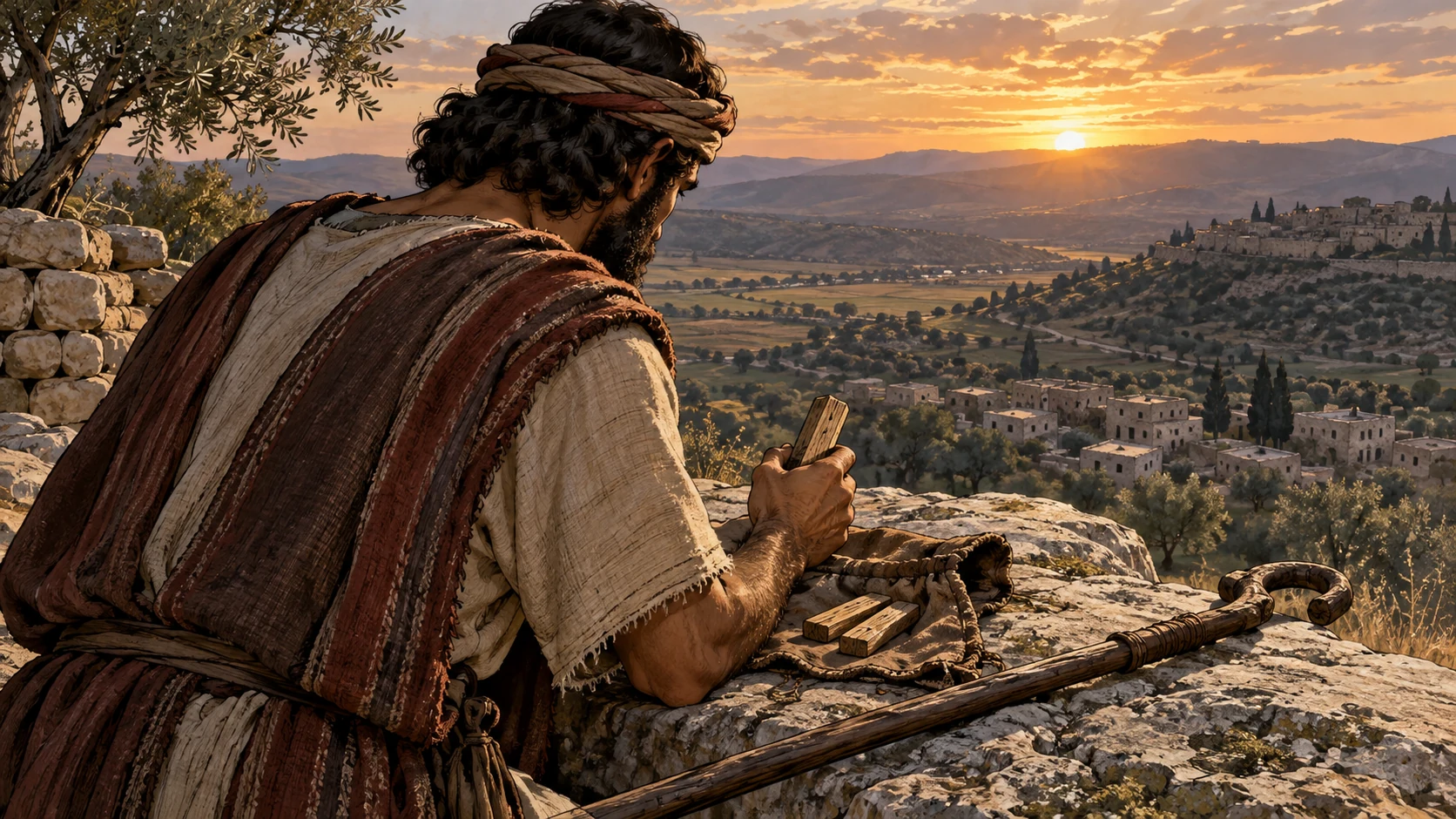 Anonymous adult consulting an unlettered carved wooden object and a staff laid on stone, medium over-shoulder perspective; no glowing idol or actual supernatural response.