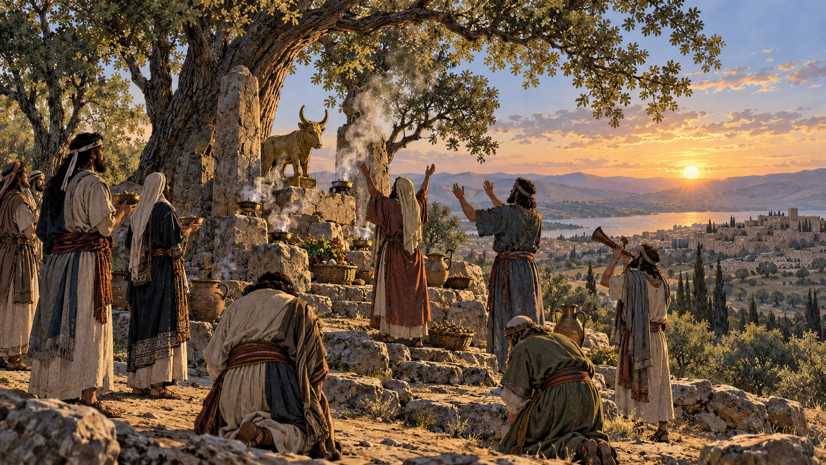 Wide period hilltop shrine beneath mature oak and neighboring trees, smoking small incense bowls, anonymous fully clothed worshipers; no sex or prostitution scene.