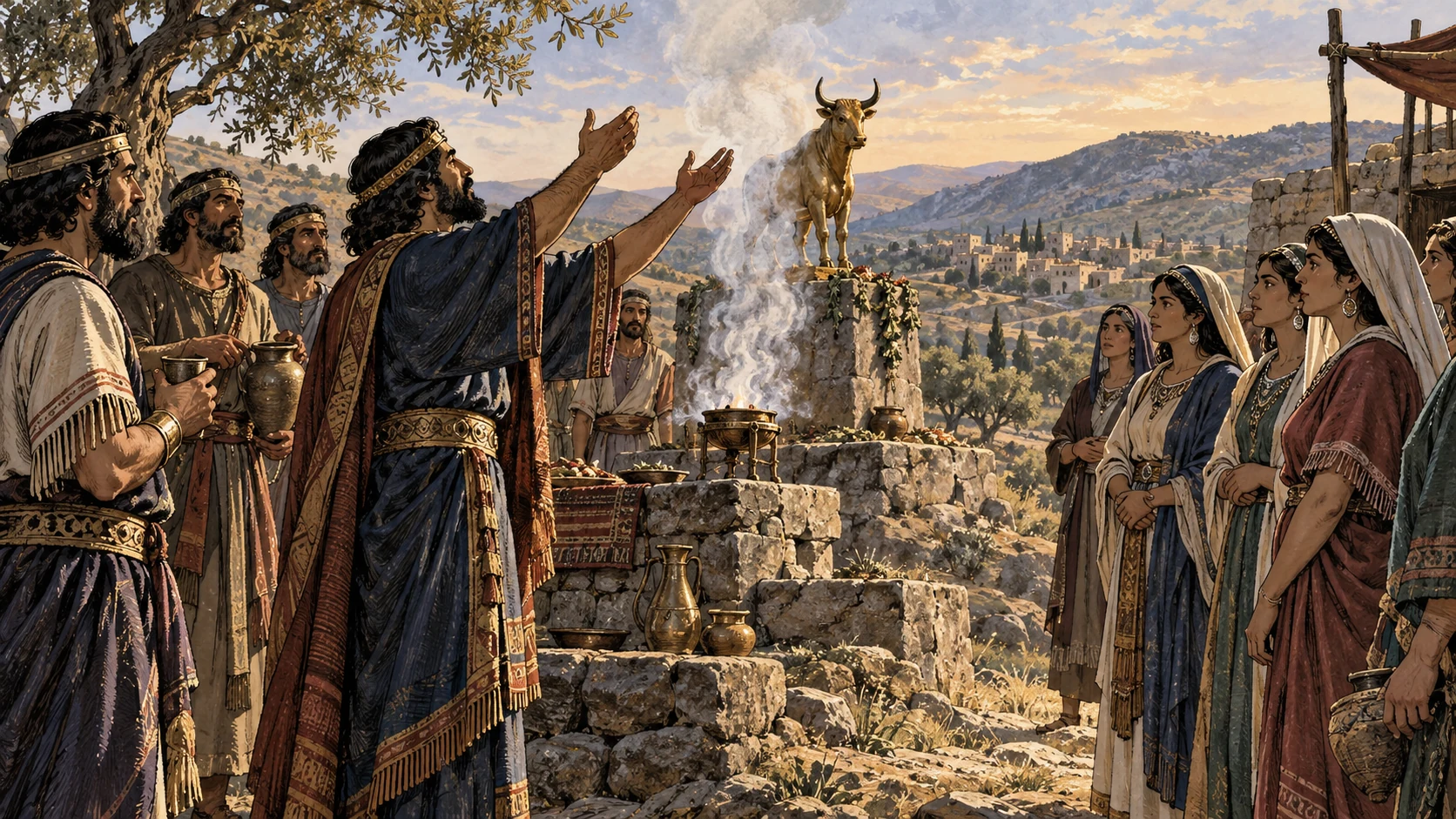 Anonymous adult men near a hill shrine facing a group of adult women on equal dignified terms, no accusation aimed at women, no sex; compositional focus on implicated men and incense altar.