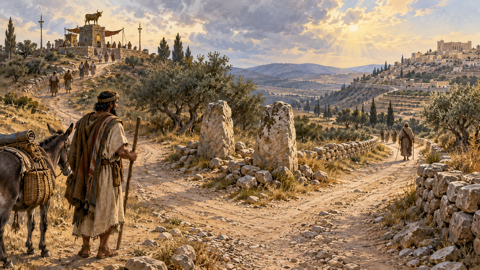 Two distant hill roads divide at weathered boundary stones; one leads to an unnamed northern shrine, other to southern terraces, no place-name labels or invented procession.