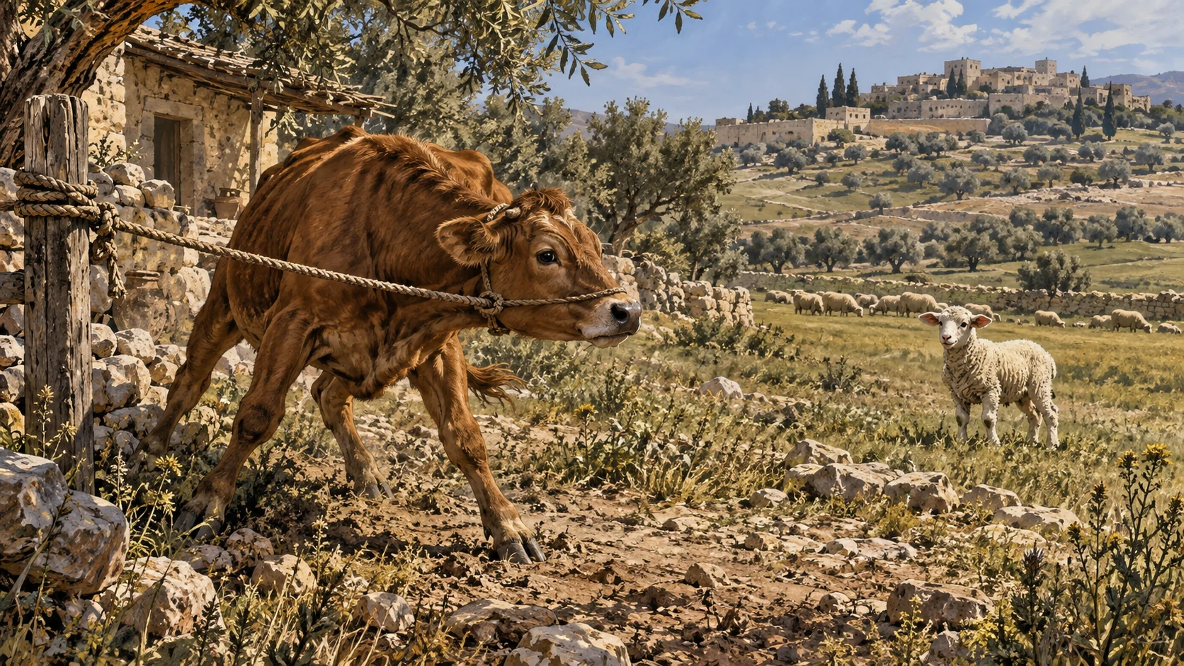 Natural heifer resisting a slack farm tether at a field edge, small lamb standing in broad open pasture beyond, no animal abuse; explicit animal comparison, not supernatural transformation.
