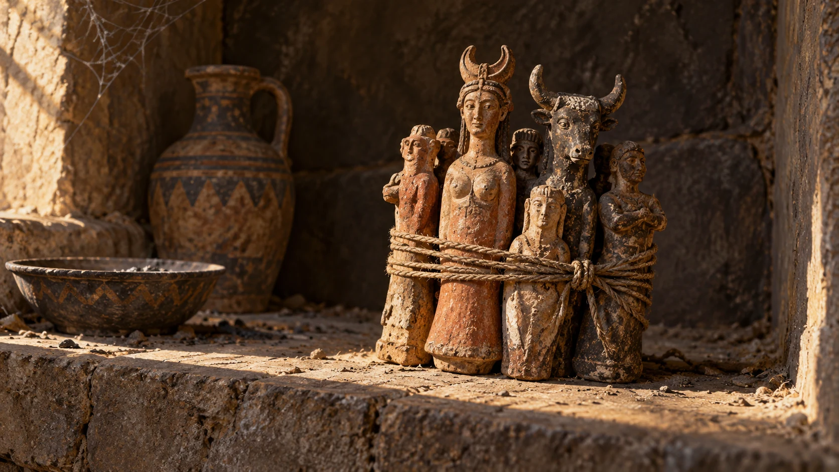 Close cluster of small handmade pagan figurines tightly bound together with plain cord, isolated on stone shelf; abandoned space all around, no human person named Ephraim.