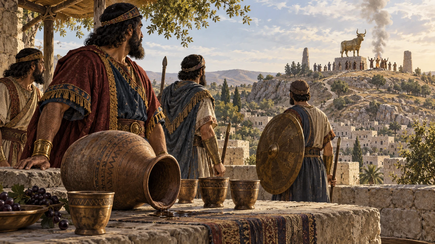 Empty ancient wine jar and cups in foreground, anonymous shield-bearing civic leaders turning toward a distant unlettered shrine, no sexual acts or exposure.