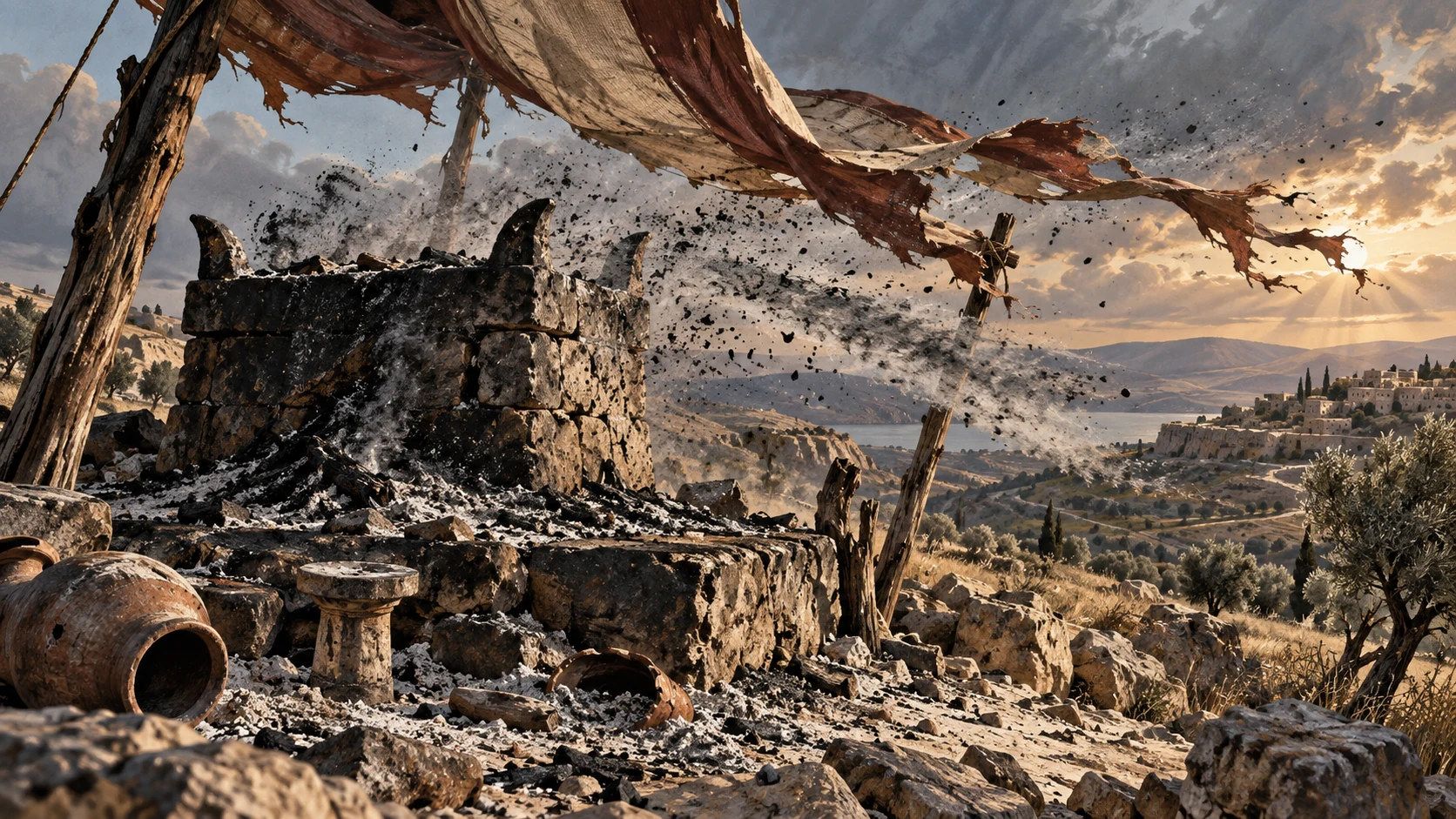 Sweeping east wind blows ash from an abandoned altar across hilltop; torn loose canopy cloth whips across frame, no winged humanoid or named woman.
