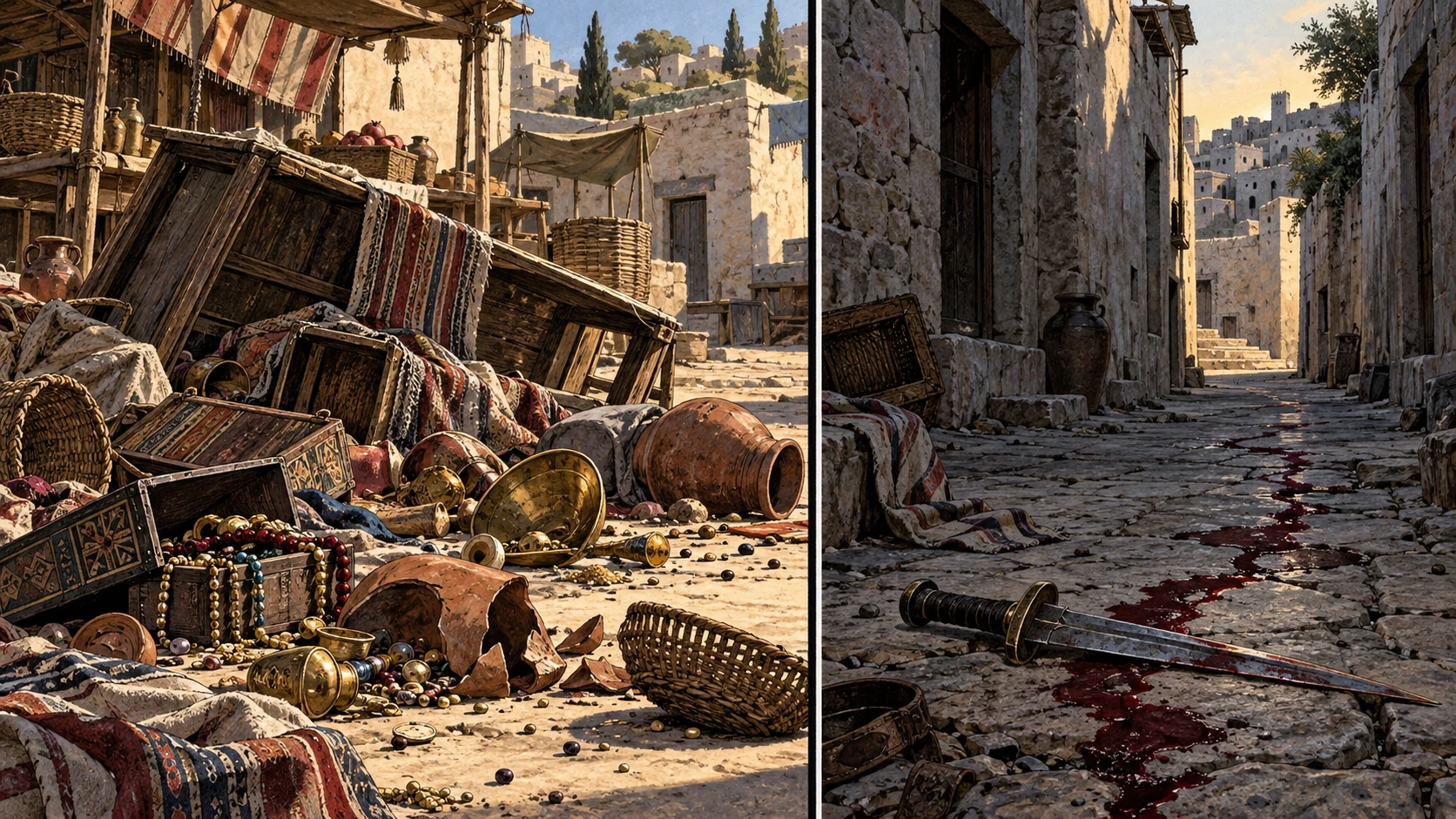 Two ordered views in one landscape diptych: left scattered stolen household goods and an overturned market table; right deserted alley with dropped sword and dark red trace on stone, no body or active attack. Indictment illustration.