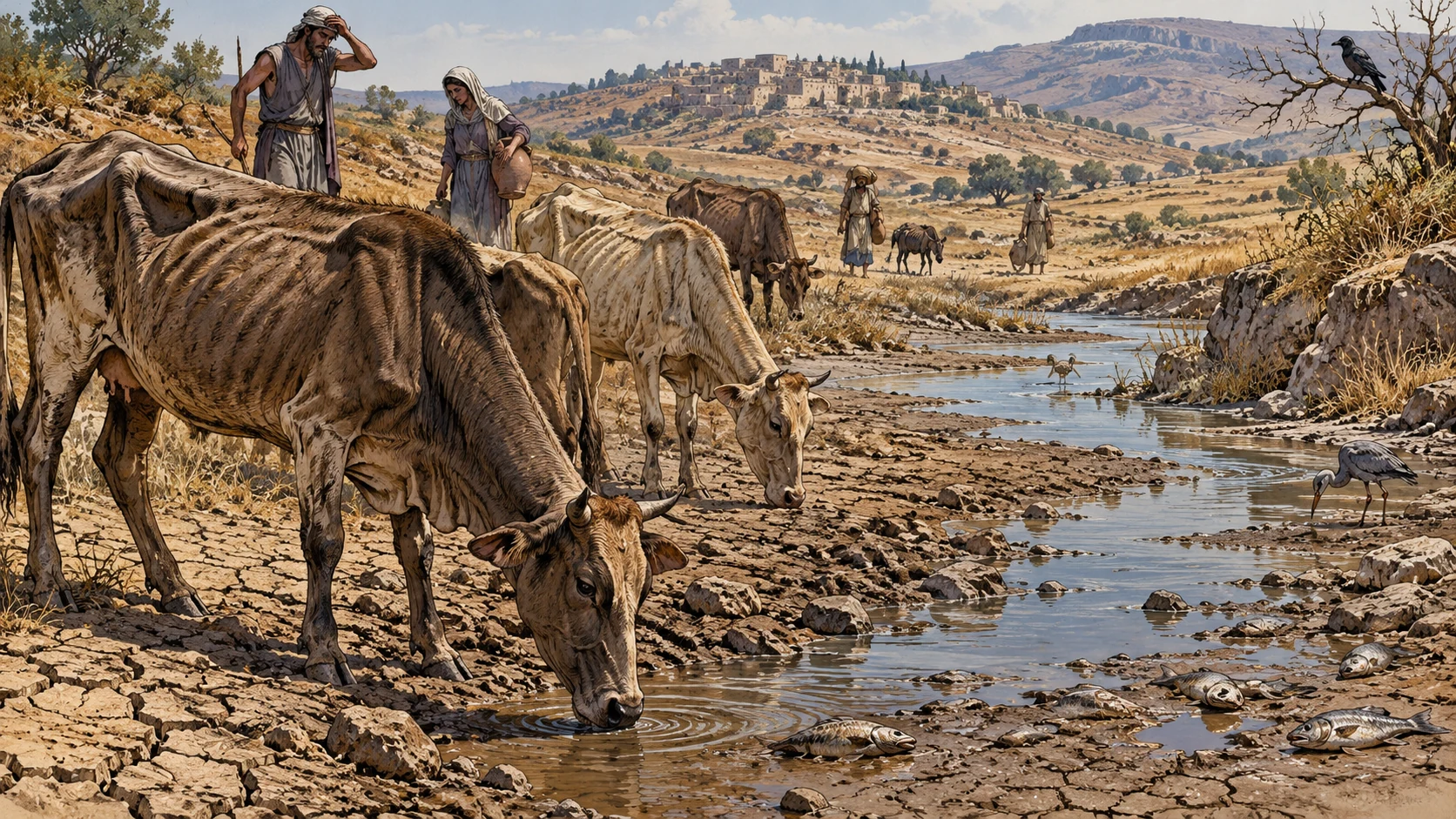 Wide parched field beside dwindling stream with weak standing cattle, sparse birds and a few stranded fish at water margin; anonymous distant people weary but dignified. Ecological consequence, no spectacle.