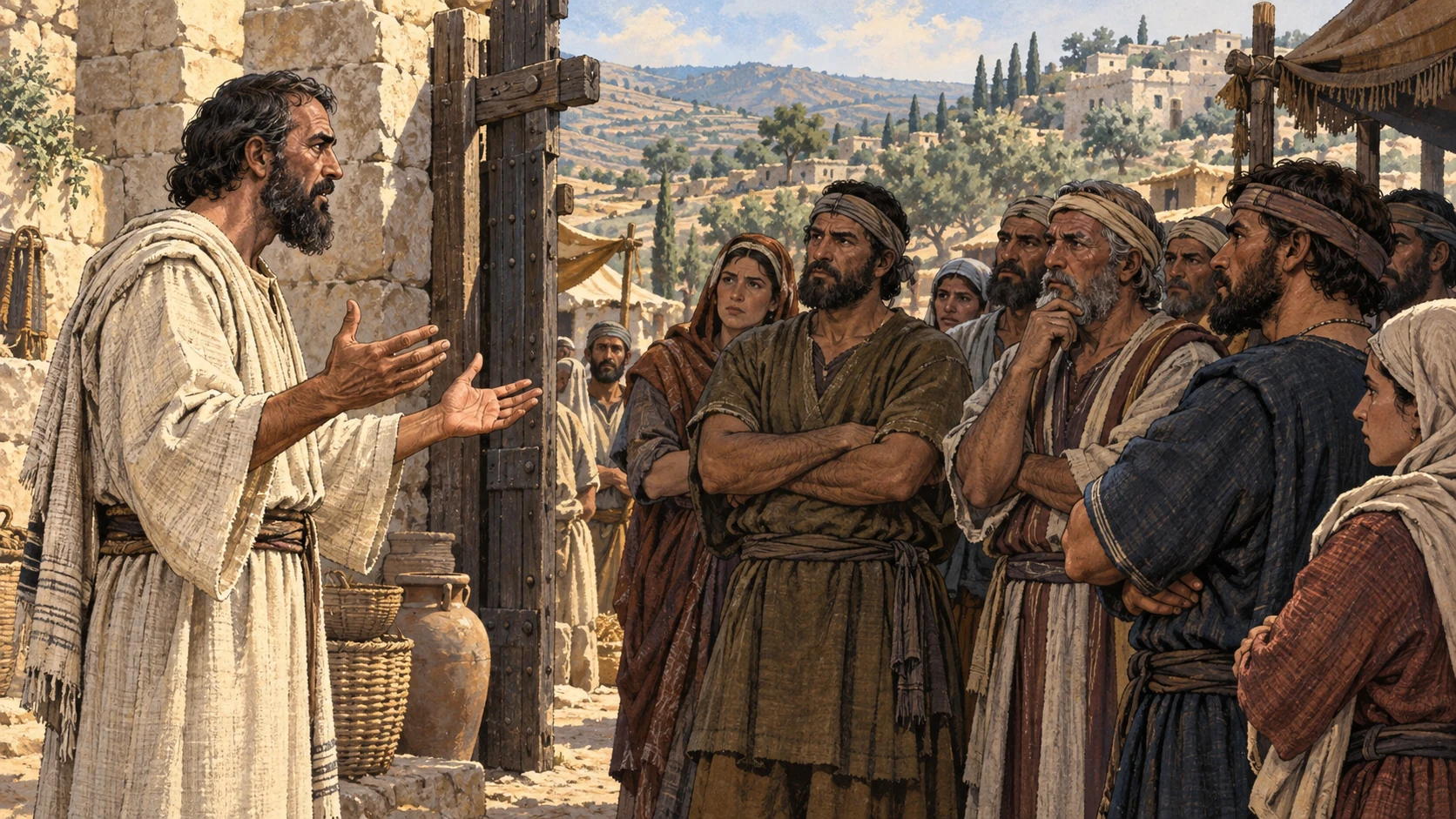 Anonymous priest in plain linen at a village gate facing a tense but nonviolent adult gathering, medium side view with separated faces; not a named historical confrontation.