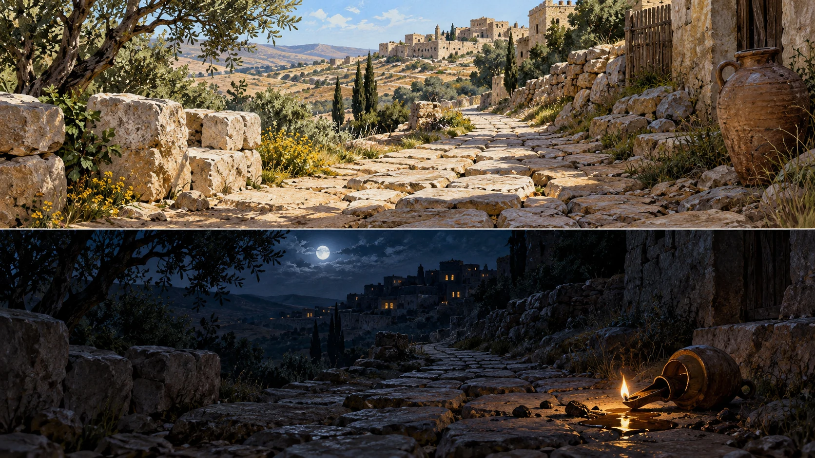 Two ordered symbolic views: daylight broken stone path, then same path dark at night with toppled oil lamp; no person falling or depiction of Gomer as national mother.