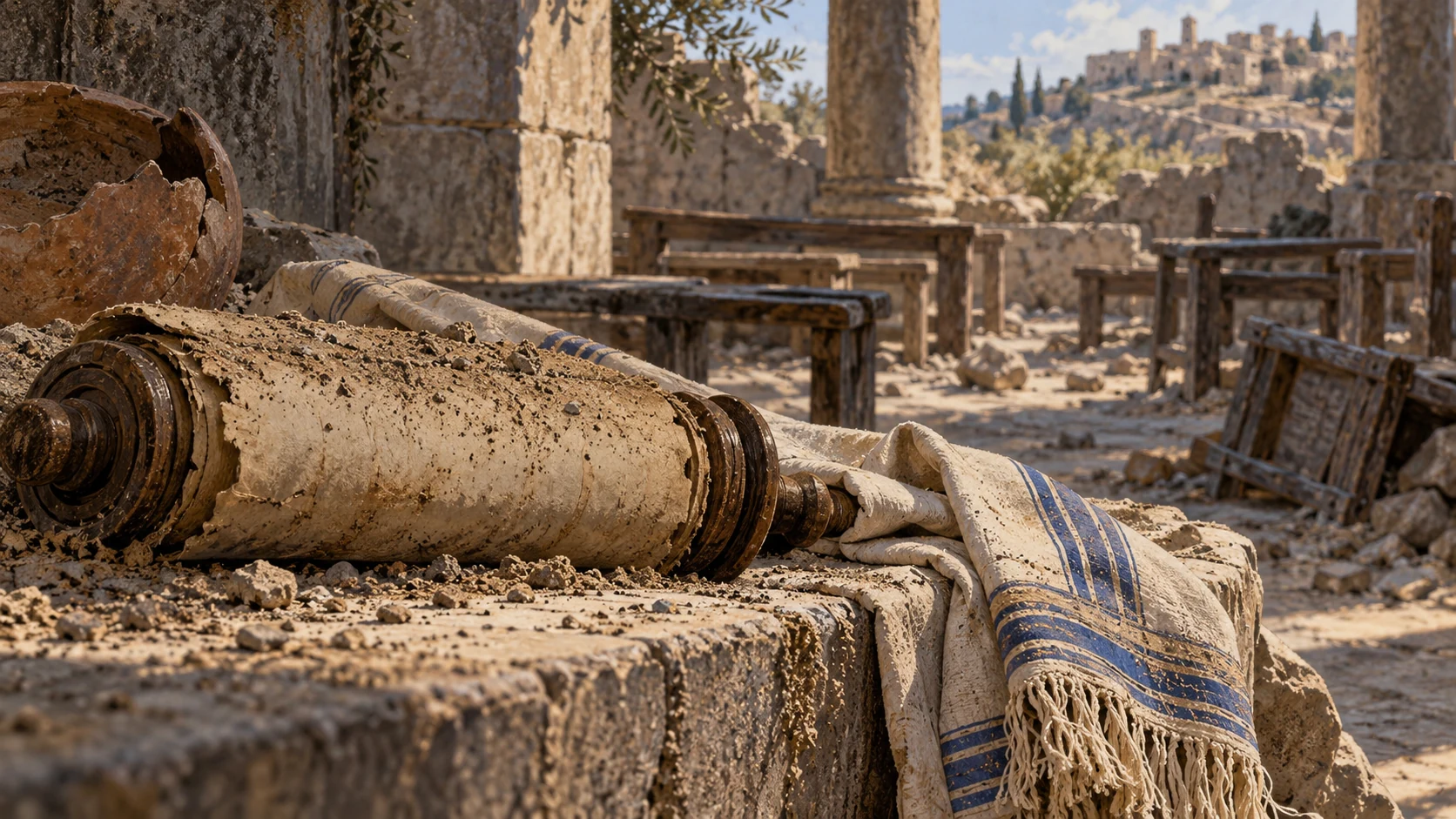 Close unlettered neglected rolled parchment covered with dust beside abandoned plain priestly sash, ruined classroom-like courtyard in background; no written invented law or child harm.