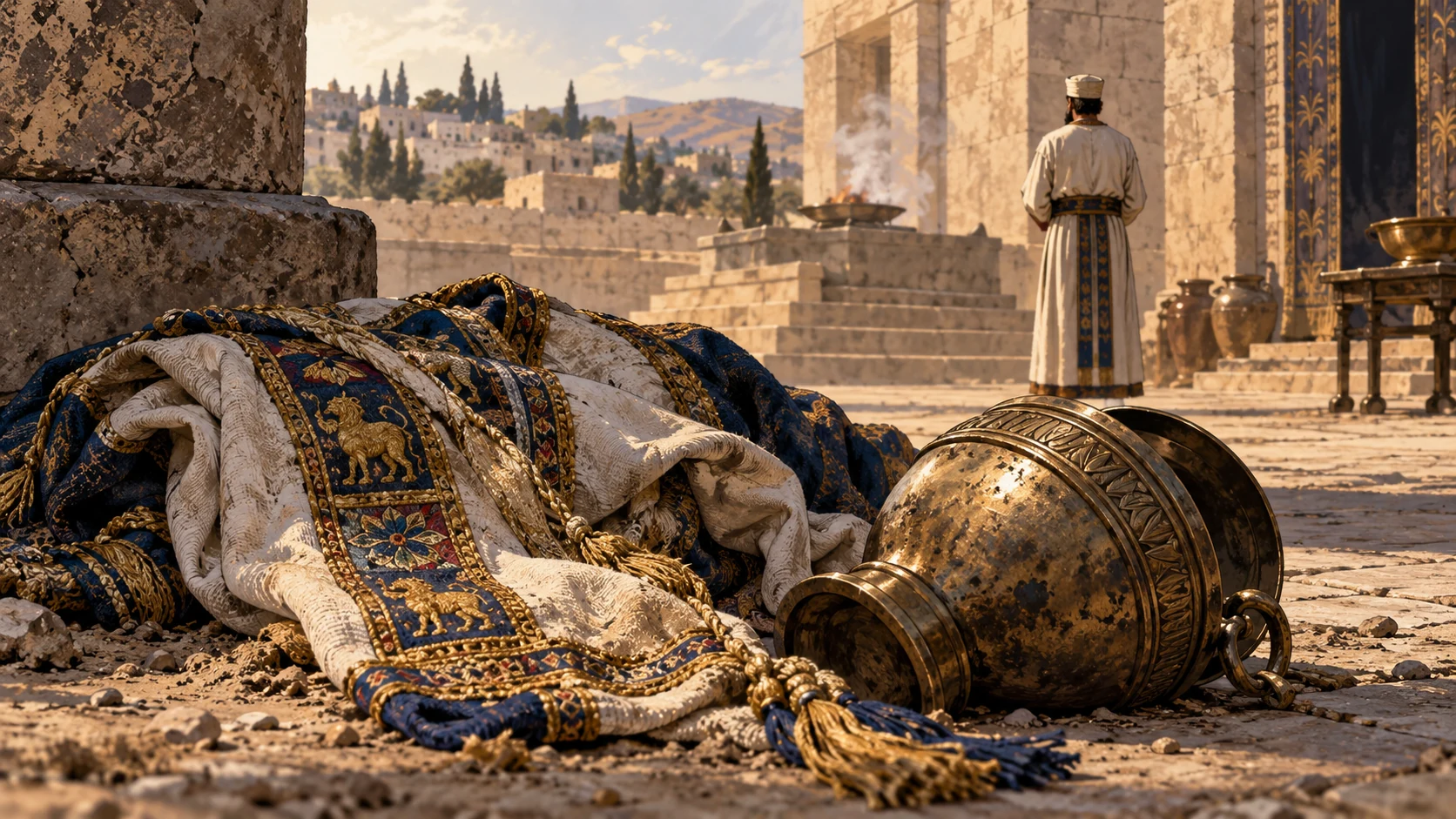 Rich woven priestly cloth left crumpled in courtyard dust beside tarnished ceremonial vessel, anonymous distant priest facing away, subdued composition with no named identity.