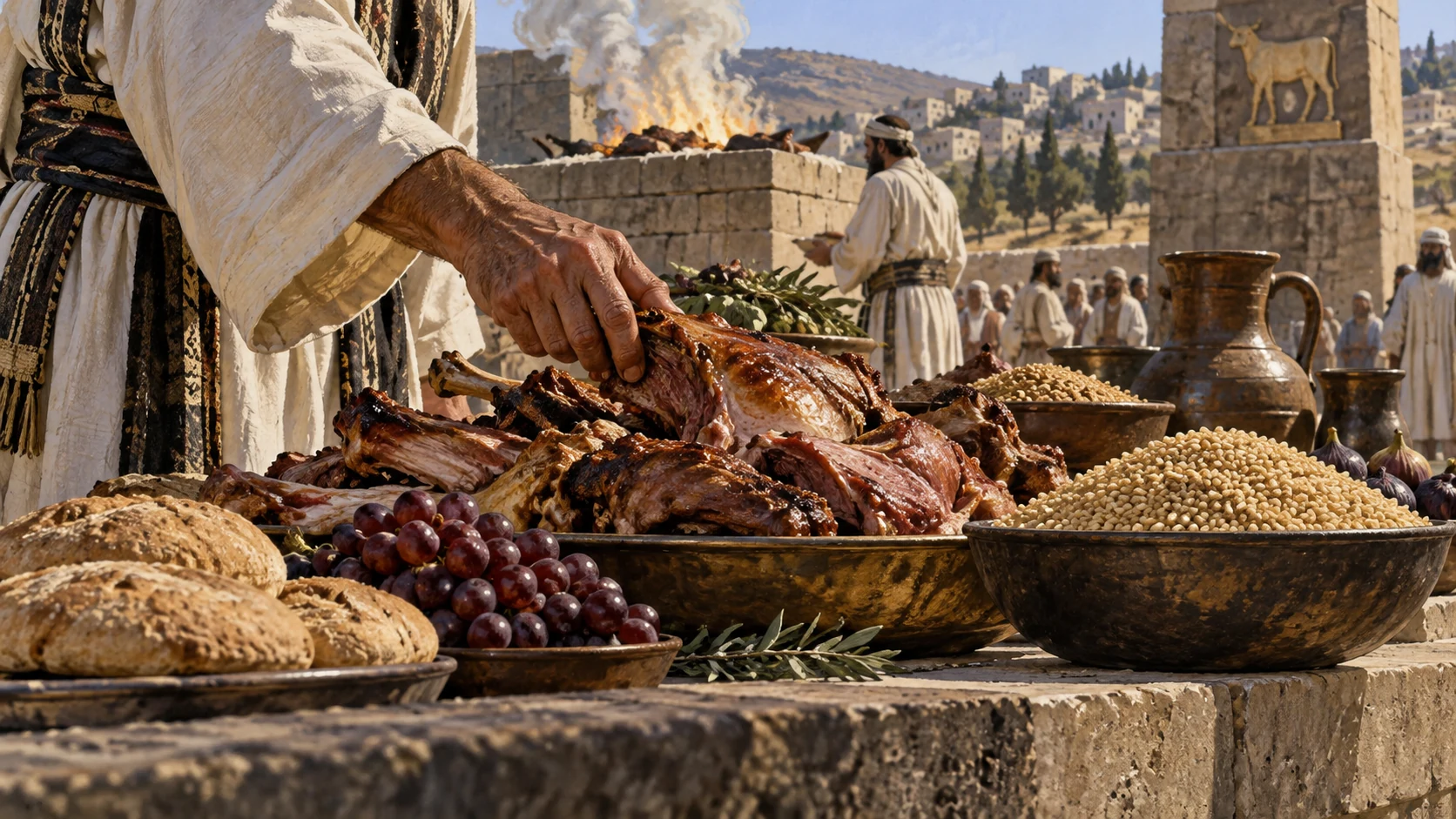 Object-focused offering table piled with portions of meat and grain, anonymous priest’s hand reaching toward abundance, others indistinct; visual essay on appetite without invented speech.