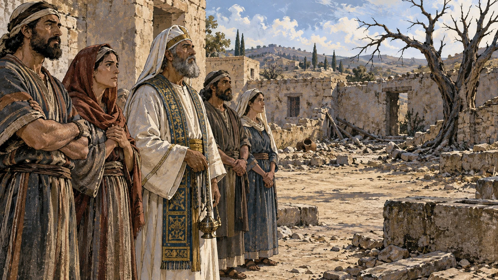 Wide anonymous priest and ordinary adults stand side by side before desolate common courtyard, equal scale and sober posture, no supernatural judge or execution.