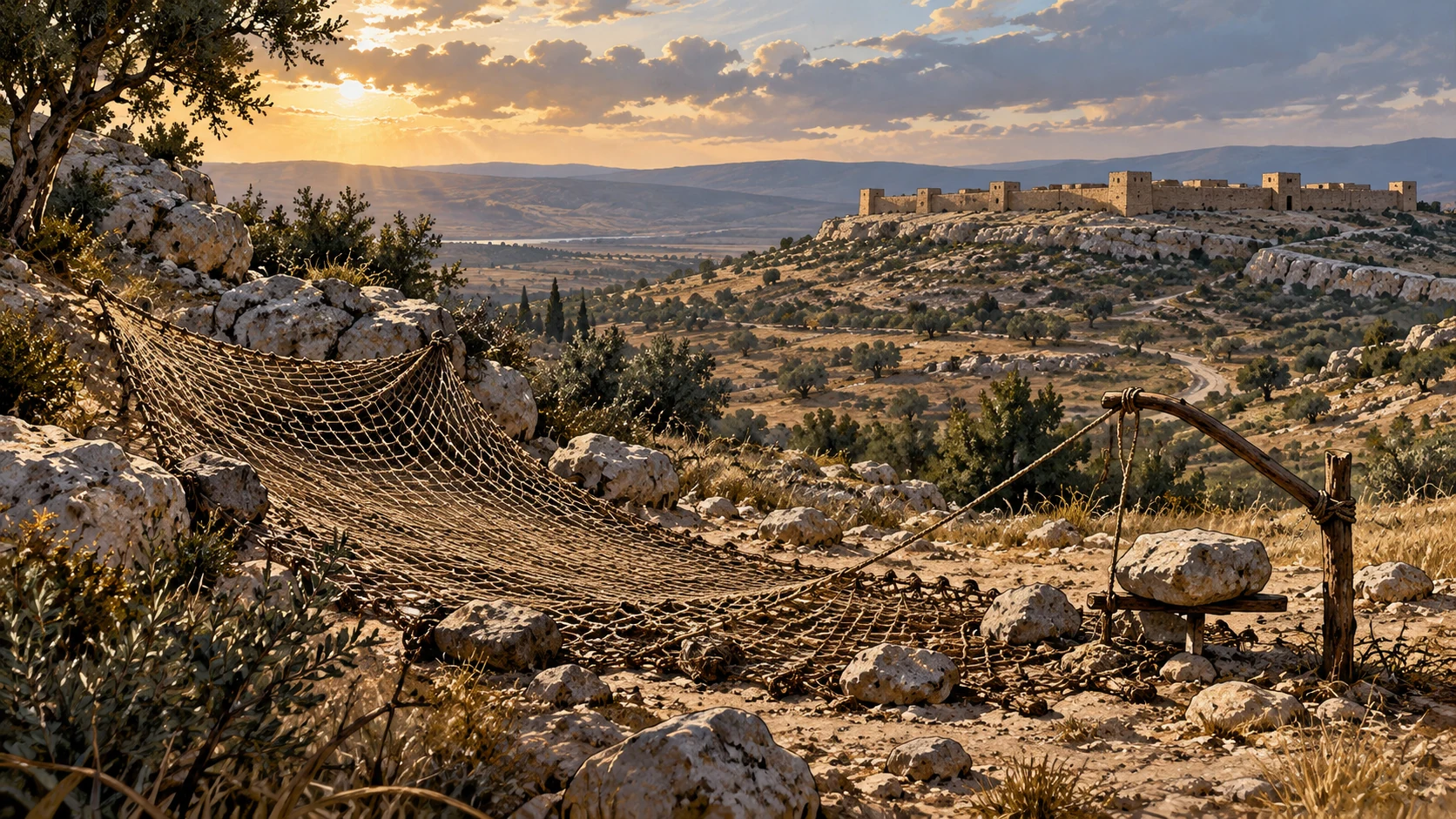 High wide hilltop view, empty fowler net spread among rocks and a small sprung trap near path, distant fortification, no people caught or identity of Mizpah fabricated.