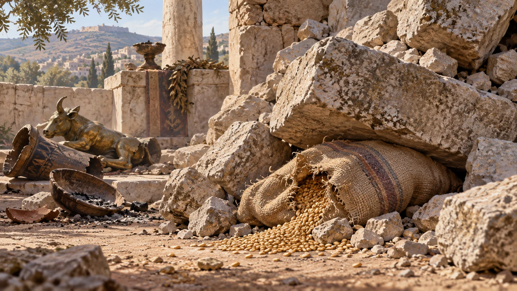 Object-only metaphor of a damaged grain sack compressed under fallen courtyard stones, shrine objects discarded nearby, no torture or crushed person.