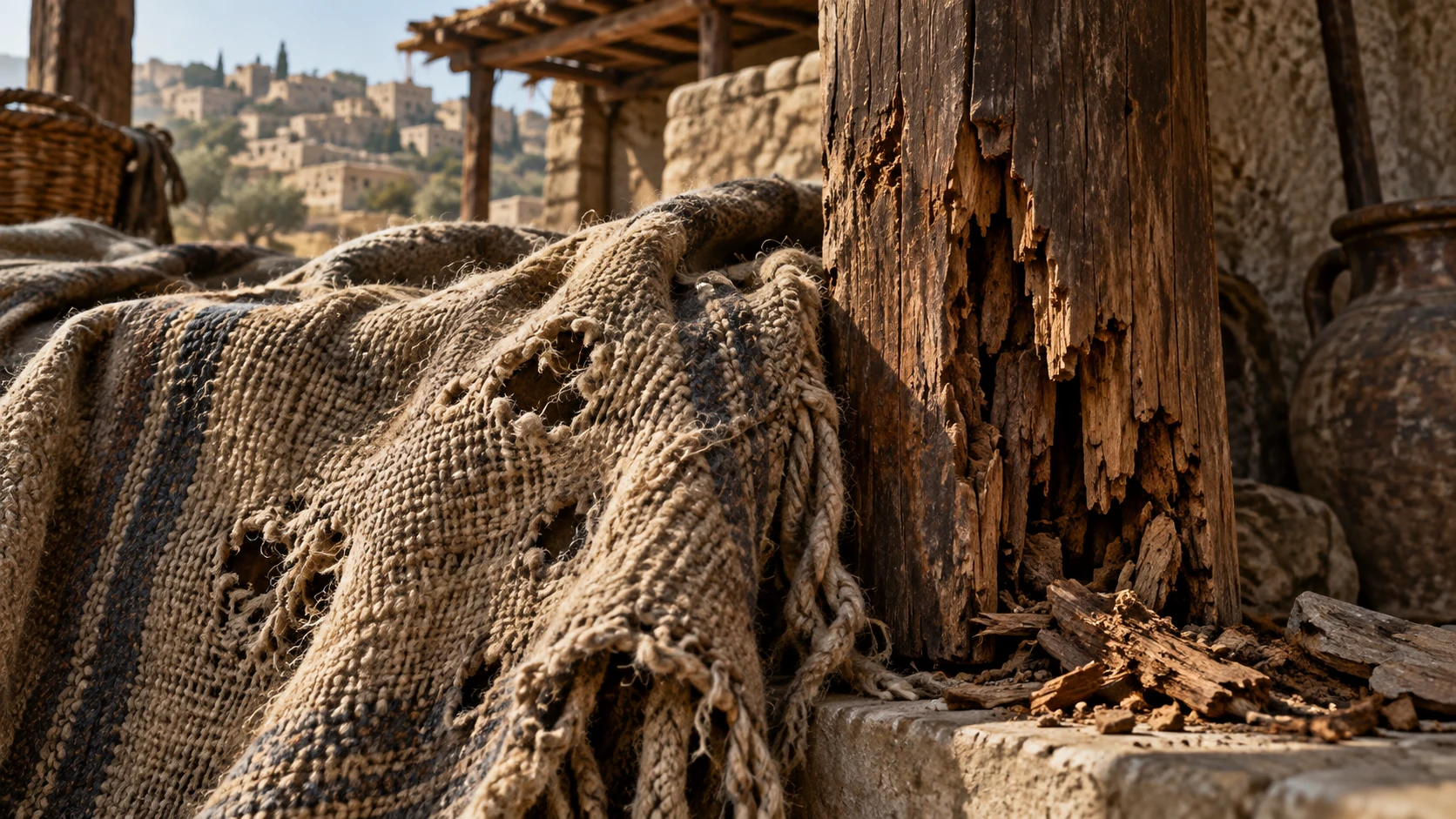 Close weathered wool with moth holes beside rotten cedar beam, tactile material-focused image, no supernatural being or literal deity as insect.