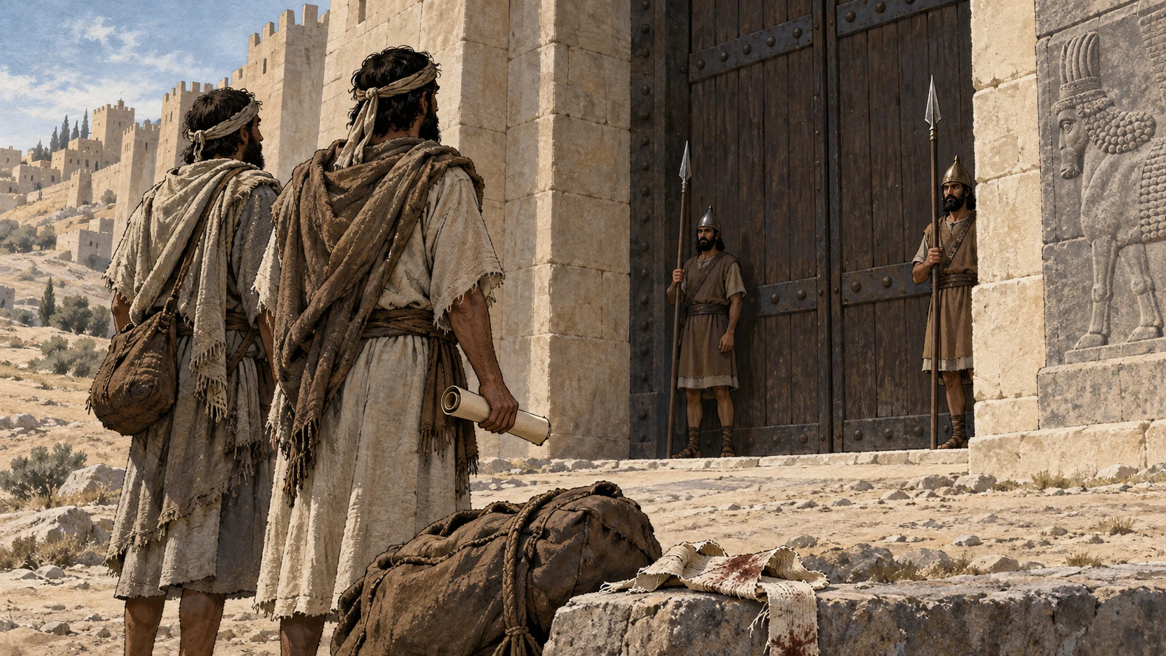 Anonymous Israelite emissaries at distant Assyrian-style gate hold a petition without legible text, foreground broken bandage beside travel pack; no invented portrait of King Jareb or healing scene.