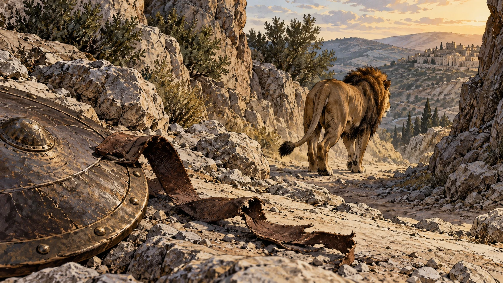 Natural lion walking away through rocky ravine with torn unlettered shield strap in foreground; no attack, prey or divine anatomy, explicit prophetic animal simile.