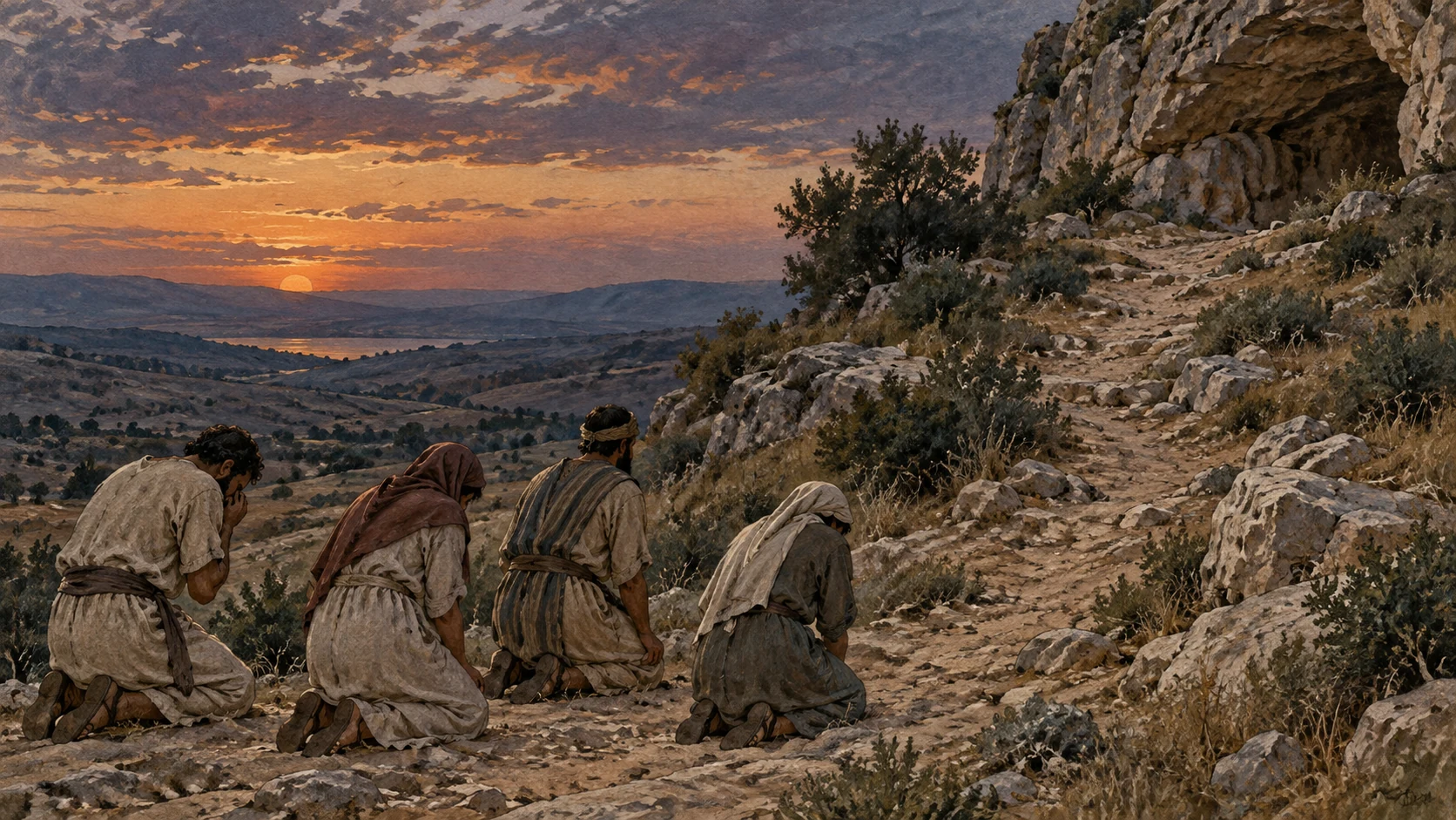 Empty rocky approach toward an unbuilt sheltered hillside; tiny anonymous adults kneel in sober seeking at path base under dusk, without altar, shrine or visible divine face.