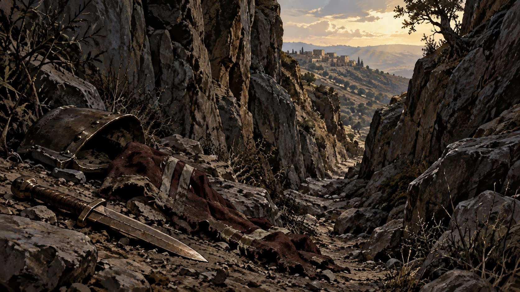 Dark narrow ravine with discarded blade and torn unlettered military cloth, no corpses or violent action; spatial depth visualizes the accusation soberly.