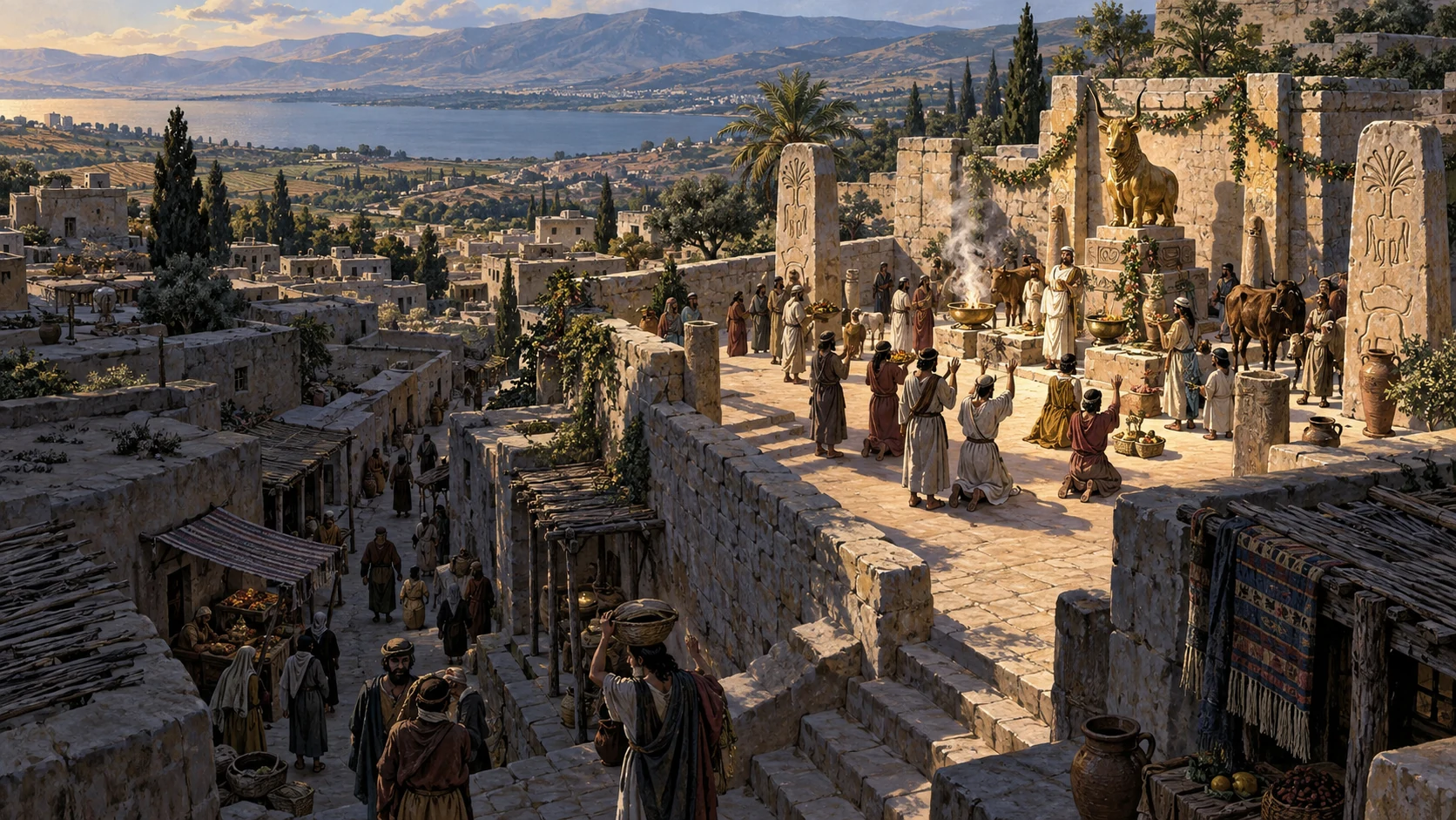 High perspective above northern Israel settlement, shrine courtyard exposed by light while surrounding lanes shadowed; no giant divine eye or human Gomer stand-in.