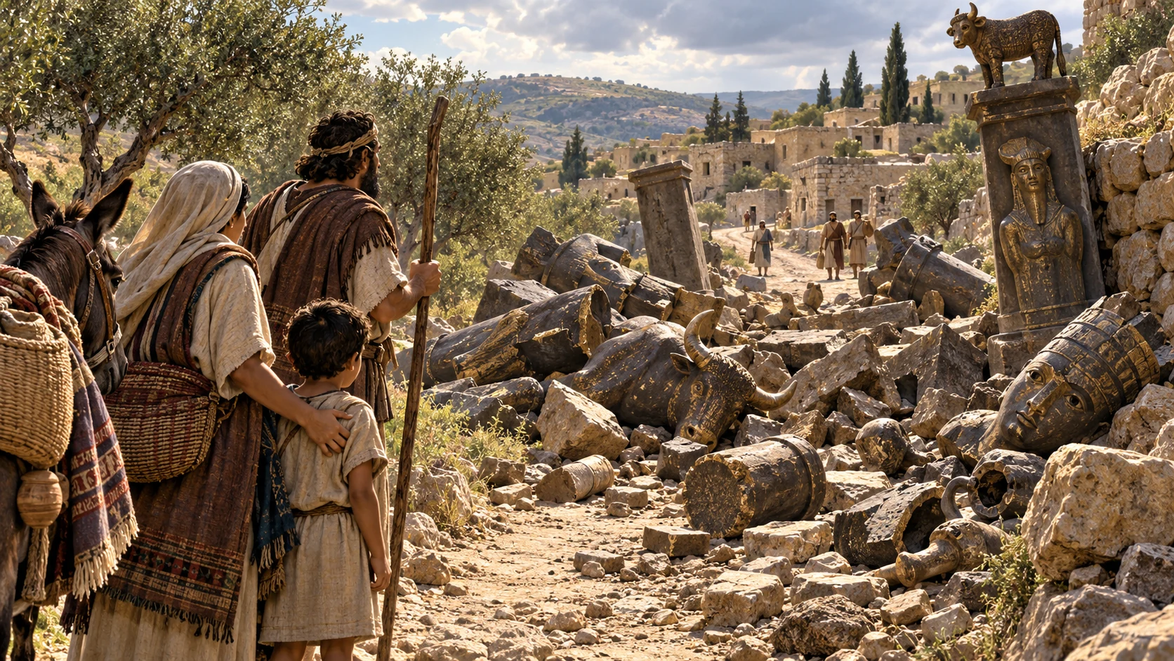 Ancient path toward a simple settlement clogged with toppled handmade idols and rubble, nobody imprisoned; moral obstruction rendered as explicit visual analogy.