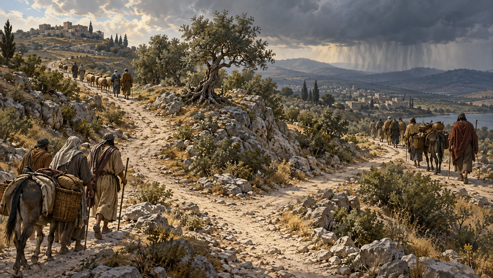 Three footpaths converge over an uneven broken ridge, anonymous small groups move carefully at a distance; shared regional consequence, no anthropomorphic Ephraim.