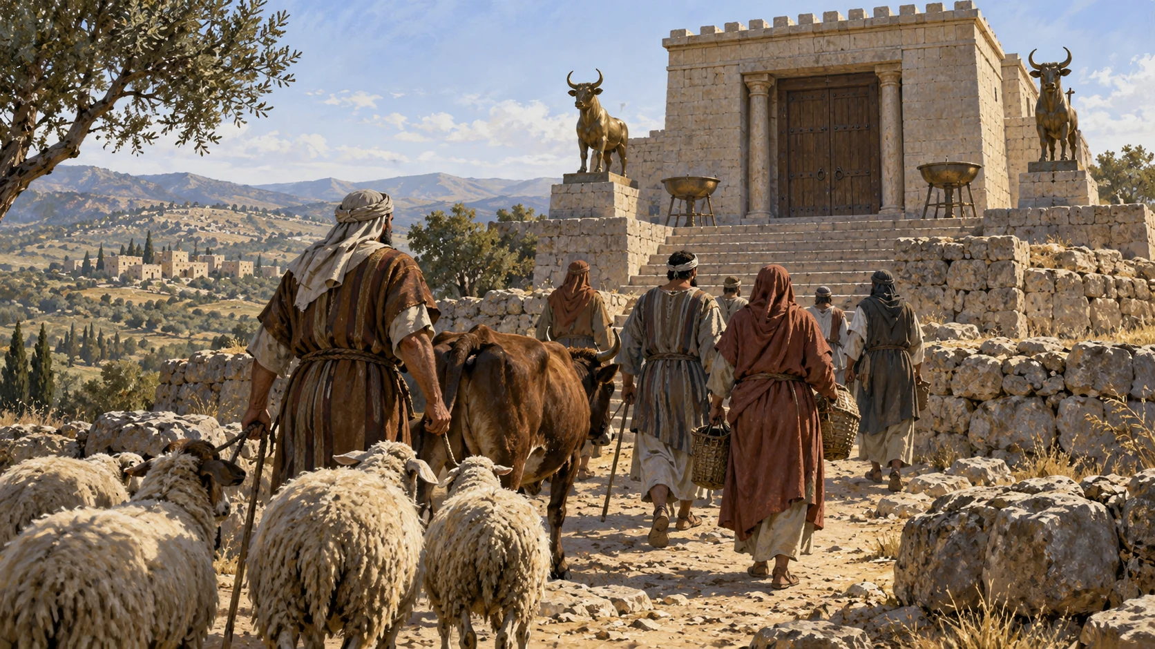 Anonymous adults with sheep and cattle approach empty hill sanctuary forecourt, wide rear view and closed unlettered doors; no visible God departing.