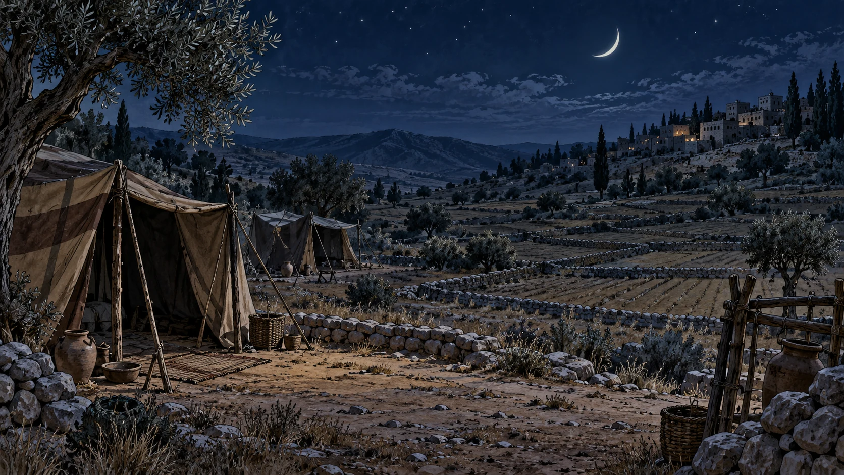 Thin lunar crescent above deserted field allotments and empty family tents, wide quiet nocturne; no literal moon devouring people or assigning paternity to children.