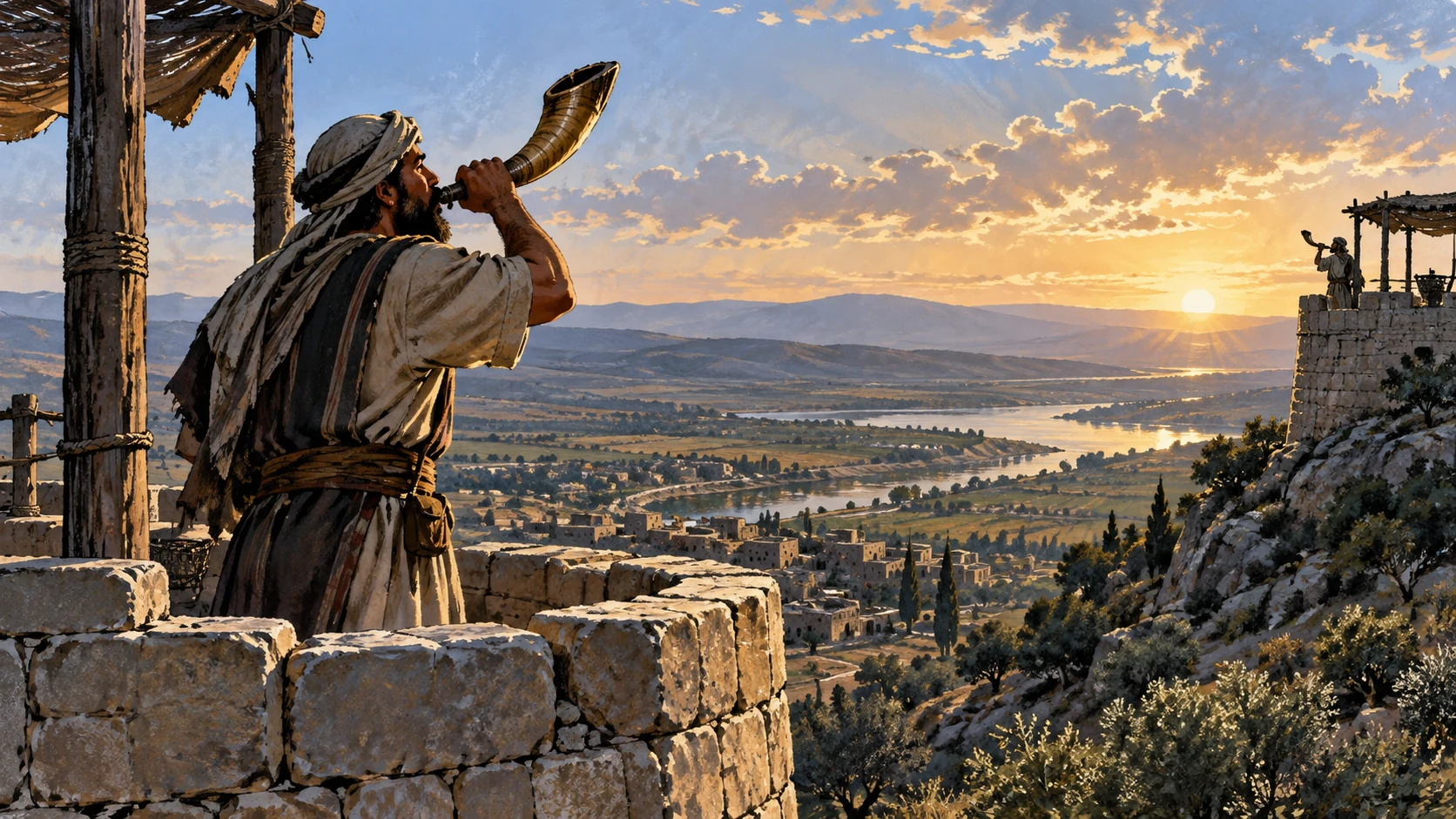 Anonymous fully clothed period watchman blows horn atop stone lookout, second distant trumpet lookout visible, no named army uniforms or written place labels.