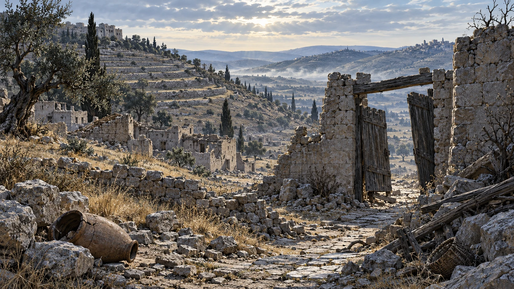Vast ruined northern landscape with abandoned terraces and broken village gate, cold morning light, no corpses, prophecy rather than specific documented destruction.