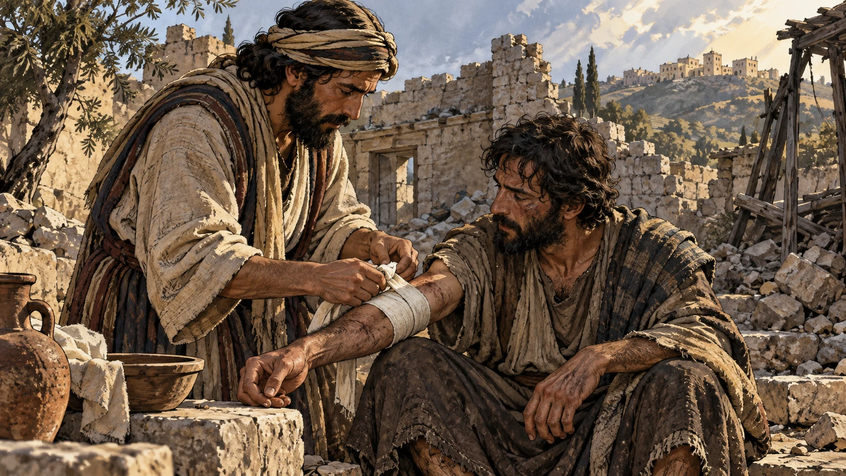 Anonymous wounded but non-graphically depicted adult has a simple forearm bandage gently secured by another fully clothed adult; ruined courtyard behind, compassionate mutual care as national healing analogy, no visible God.