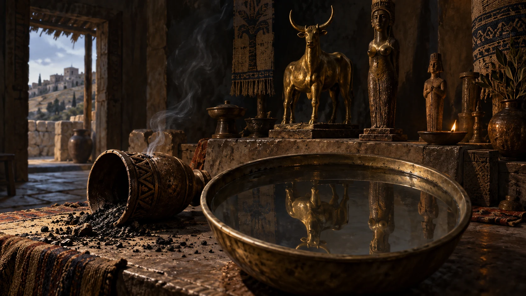 Dark household shrine with overturned incense jar and idols reflected in an empty water bowl, no sex, personification of Ephraim or Gomer portrait.
