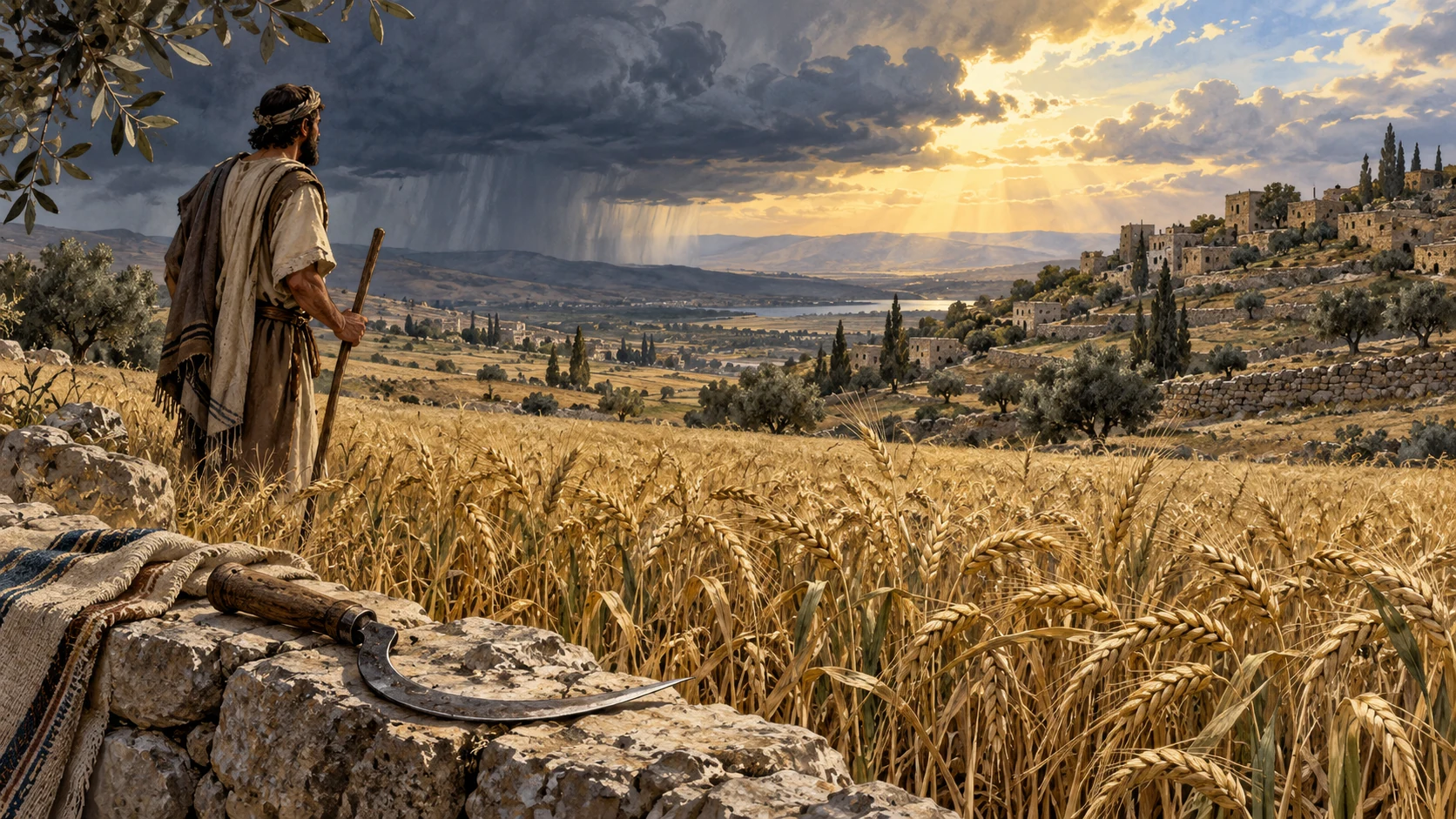 Wide mature grain field beside southern terraces, an unused sickle in foreground with storm-clearing light at horizon; preserve judgment and restoration tension, no fixed claim of completed harvest.