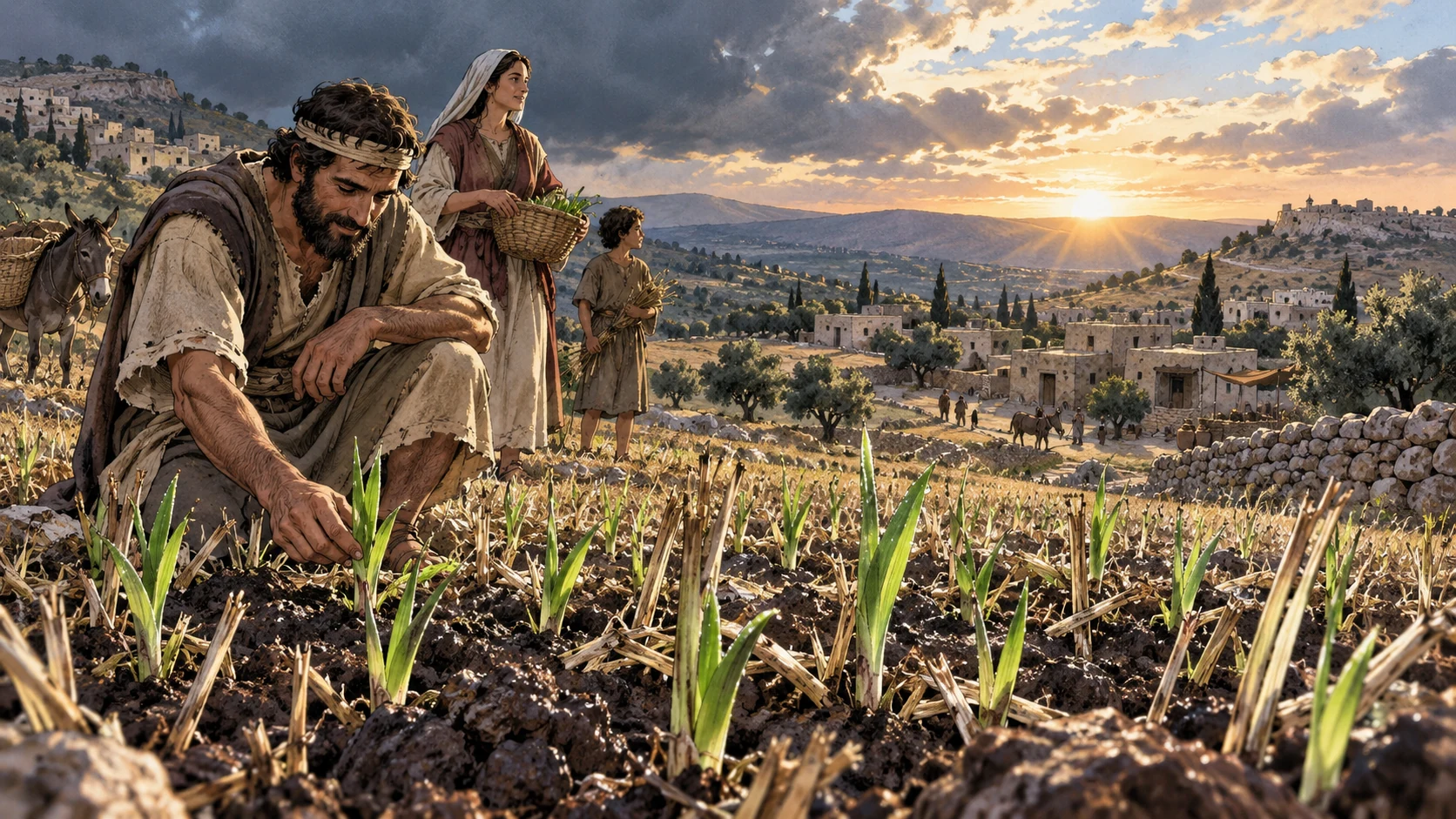 Landscape dawn after darkness: dry stalks showing fresh green shoots in moist soil, humble homes beyond. National revival illustration, no Christ tomb or assertion of a specific resurrection event.