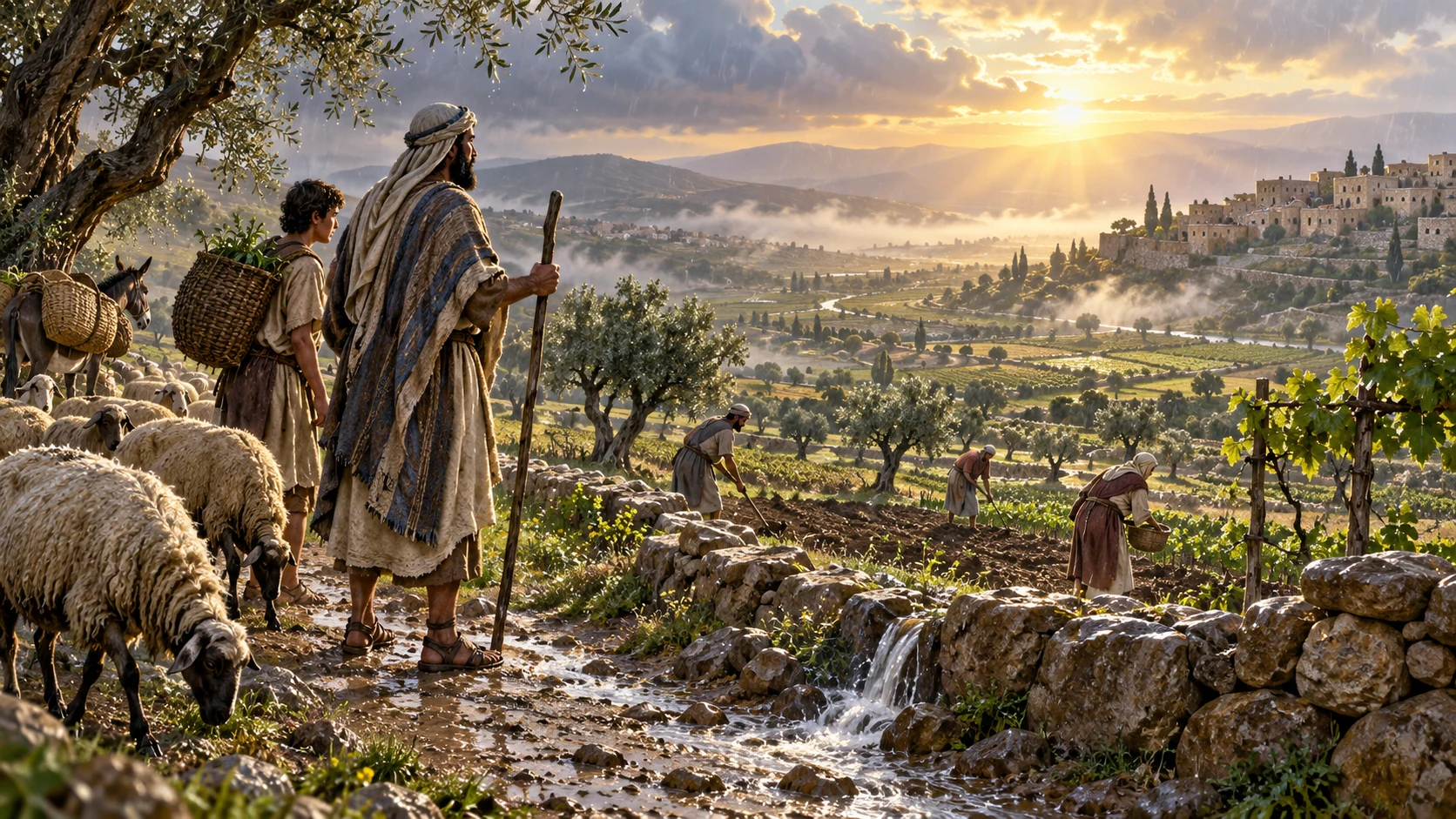 Wide spring rain crossing cultivated terraces beneath bright eastern sunrise, mist catches light, fresh runoff toward fields; no divine form.