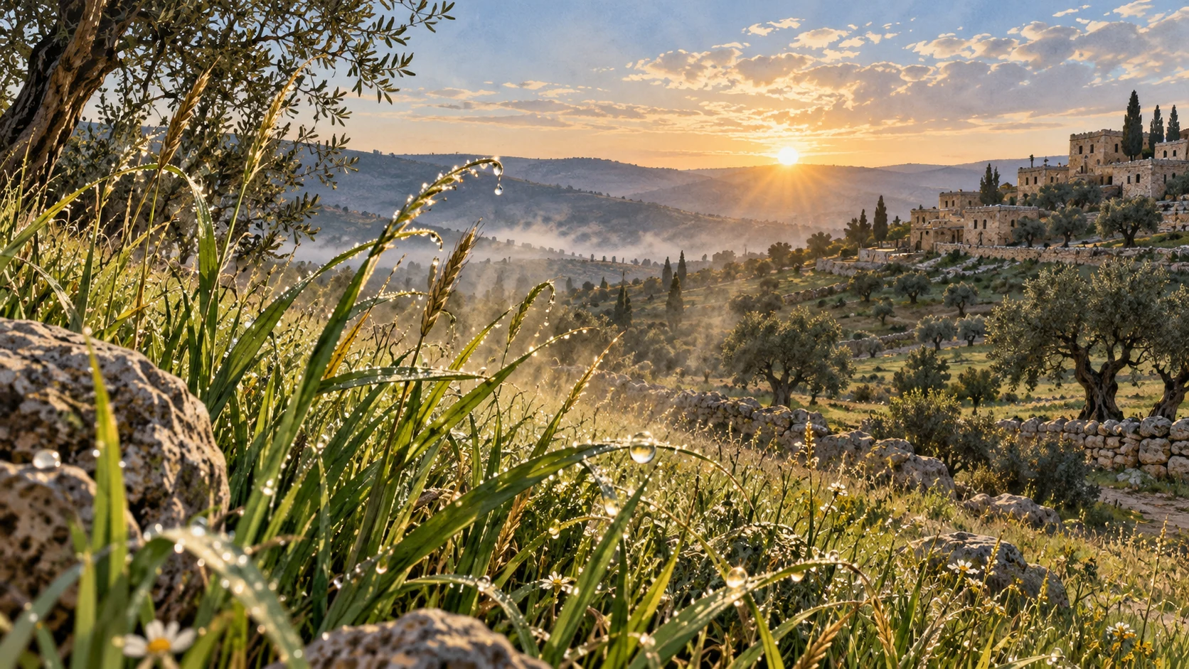 Close dew evaporating on wild grass under rising sunlight, thin morning cloud dissolves in sky, clean small scale image clearly distinct from rainy landscape.