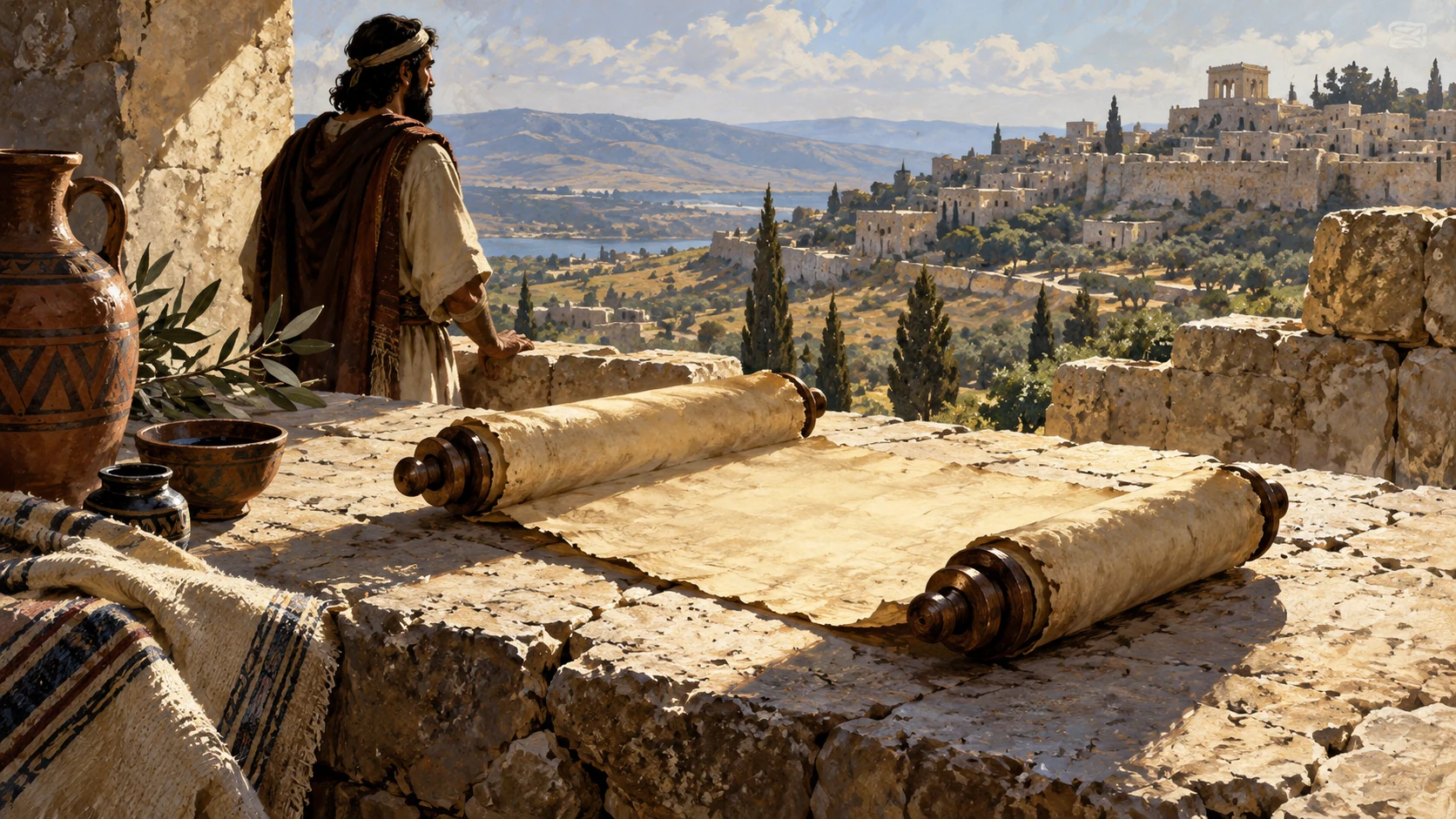 Object-centered unlettered parchment roll on a stone cut surface, sharp diagonal daylight reveals fractured stone; no words as literal sword or killing scene.