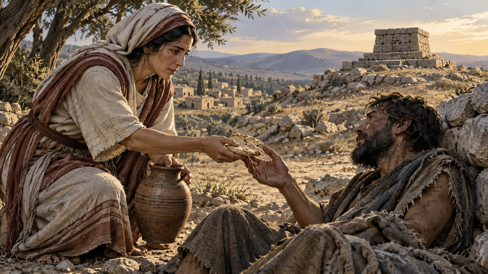 Anonymous adult shares bread and water with weary neighbor at foreground, cold empty small stone altar far background; no named ritual participants or invented dialogue.