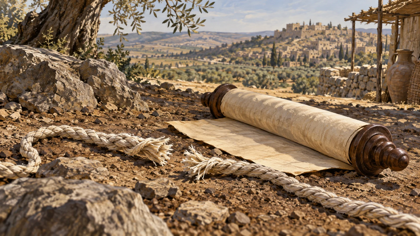 Two linen cords broken beside a plain unlettered covenant scroll on bare earth, no Adam portrait, Eden reenactment or decision on disputed geographic reading.