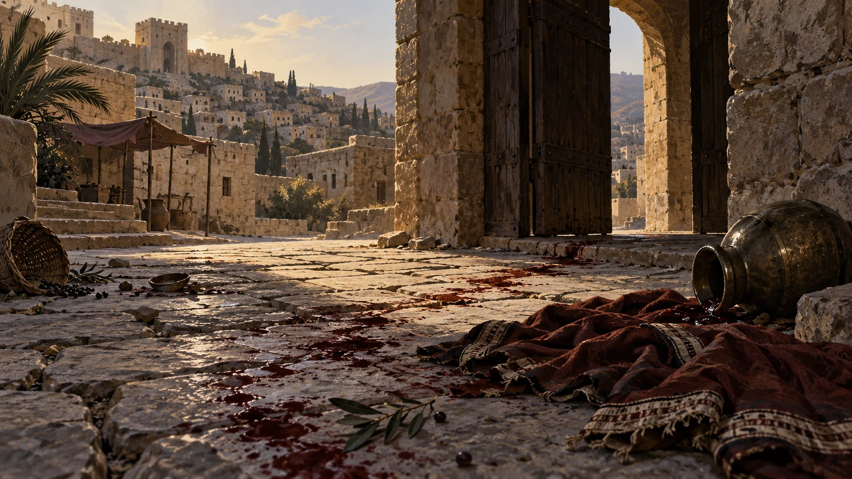 Deserted ancient city paving with dark muted bloodlike tracks and fallen cloth at an archway, no body or attacker; sober consequence image without claiming specific building reconstruction.
