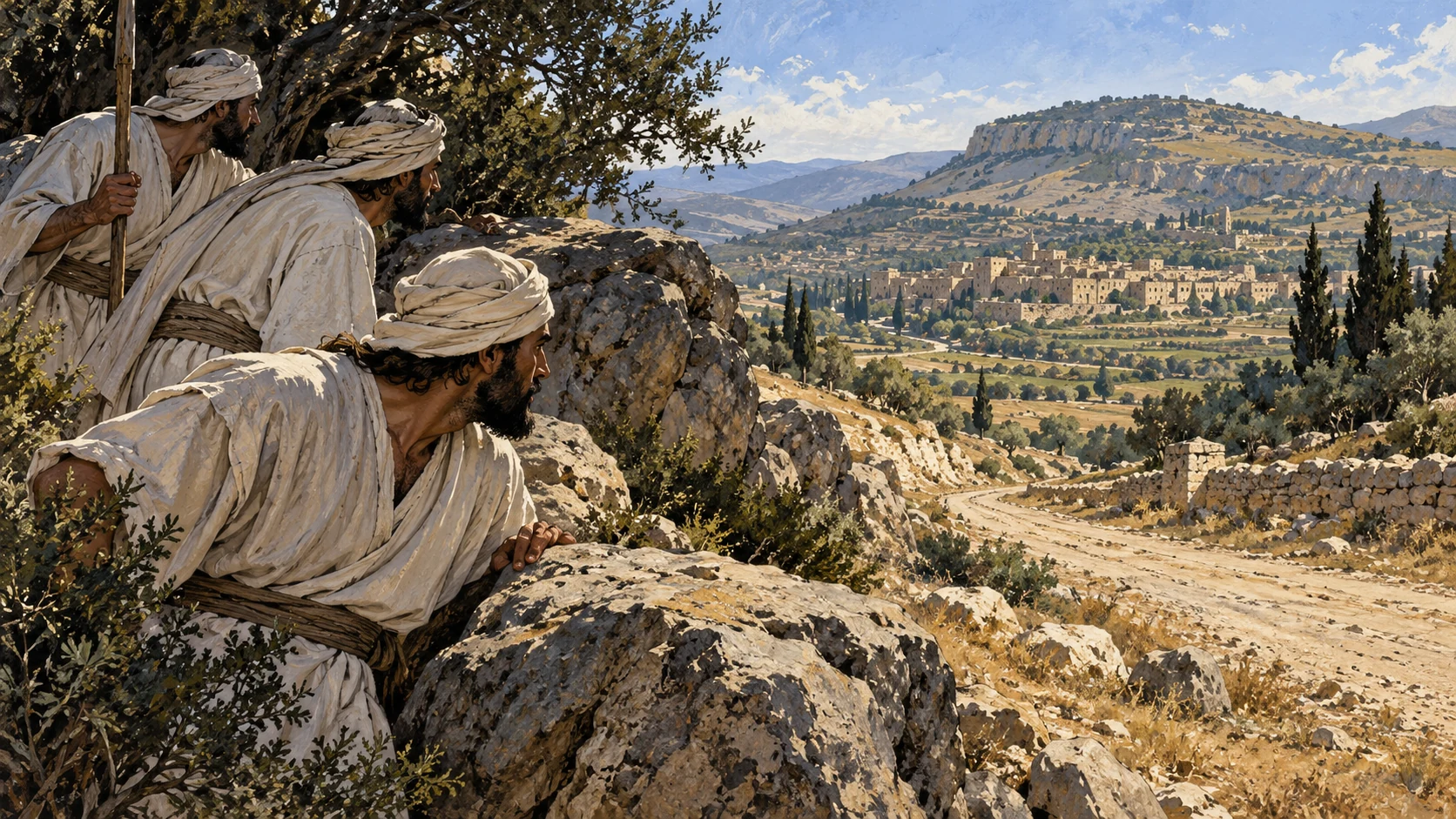 Anonymous men in plain priestly linen stand ominously behind rocks beside an empty hill road, distant Shechem-like valley settlement; no attack, gore or named victims.