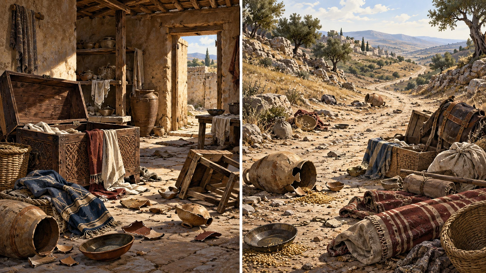Two ordered views in one unlettered landscape diptych: empty ransacked household with open storage chest at left; deserted road with scattered goods from raid at right. No perpetrator portraits or graphic harm.