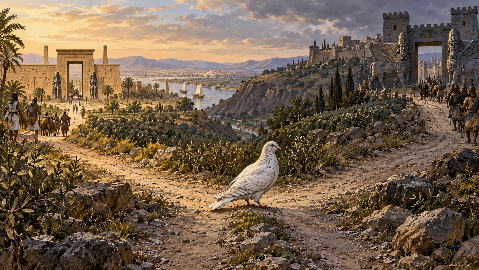 Natural dove caught between two diverging valley paths, distant Egyptian-style low gate one side and Assyrian-style gate other, symbolic geography, no literal map labels.