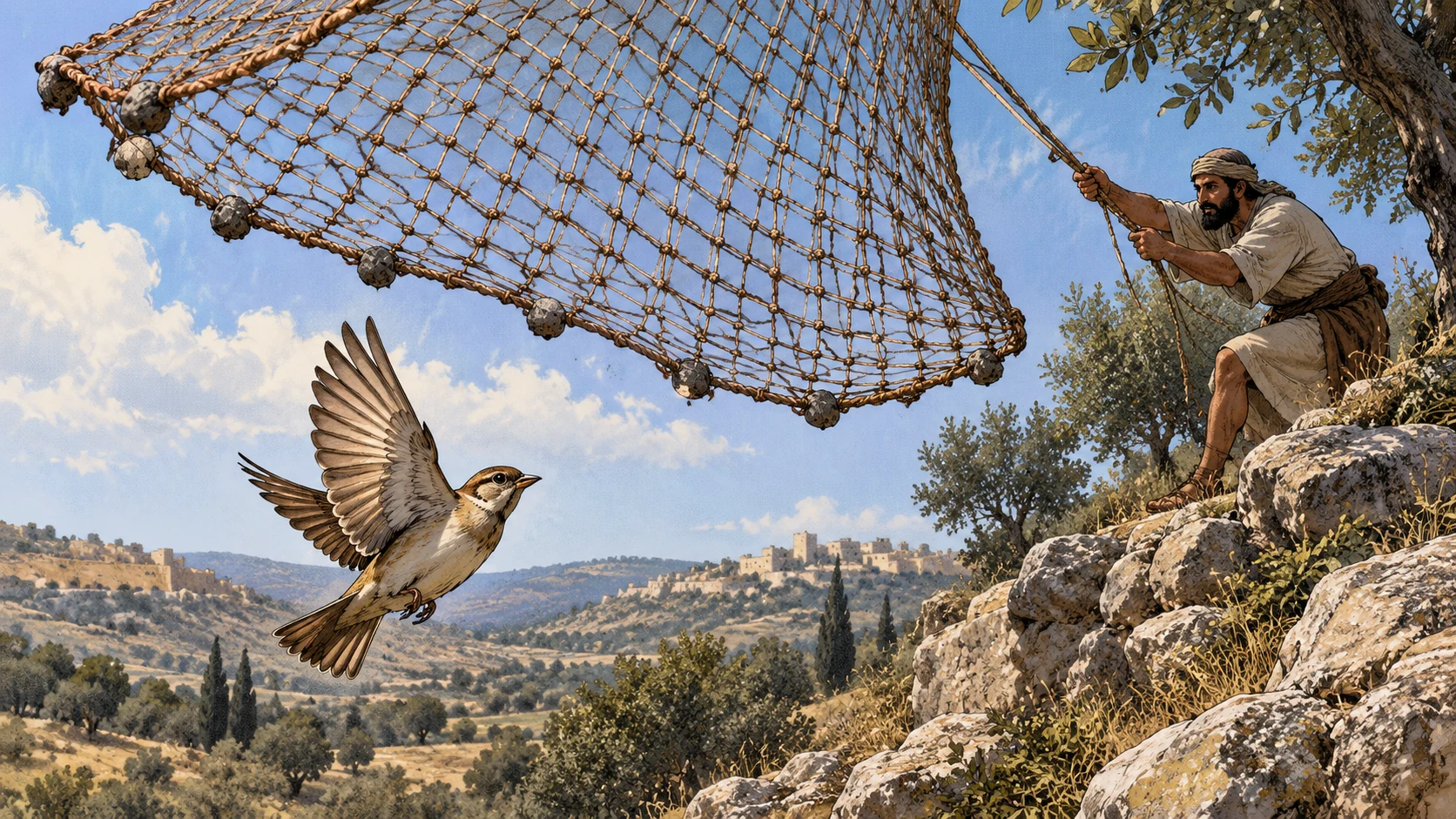 Natural fowler net descending toward open sky above a small bird in flight, restrained illustration, no animal caught or suffering, no divine human hand.
