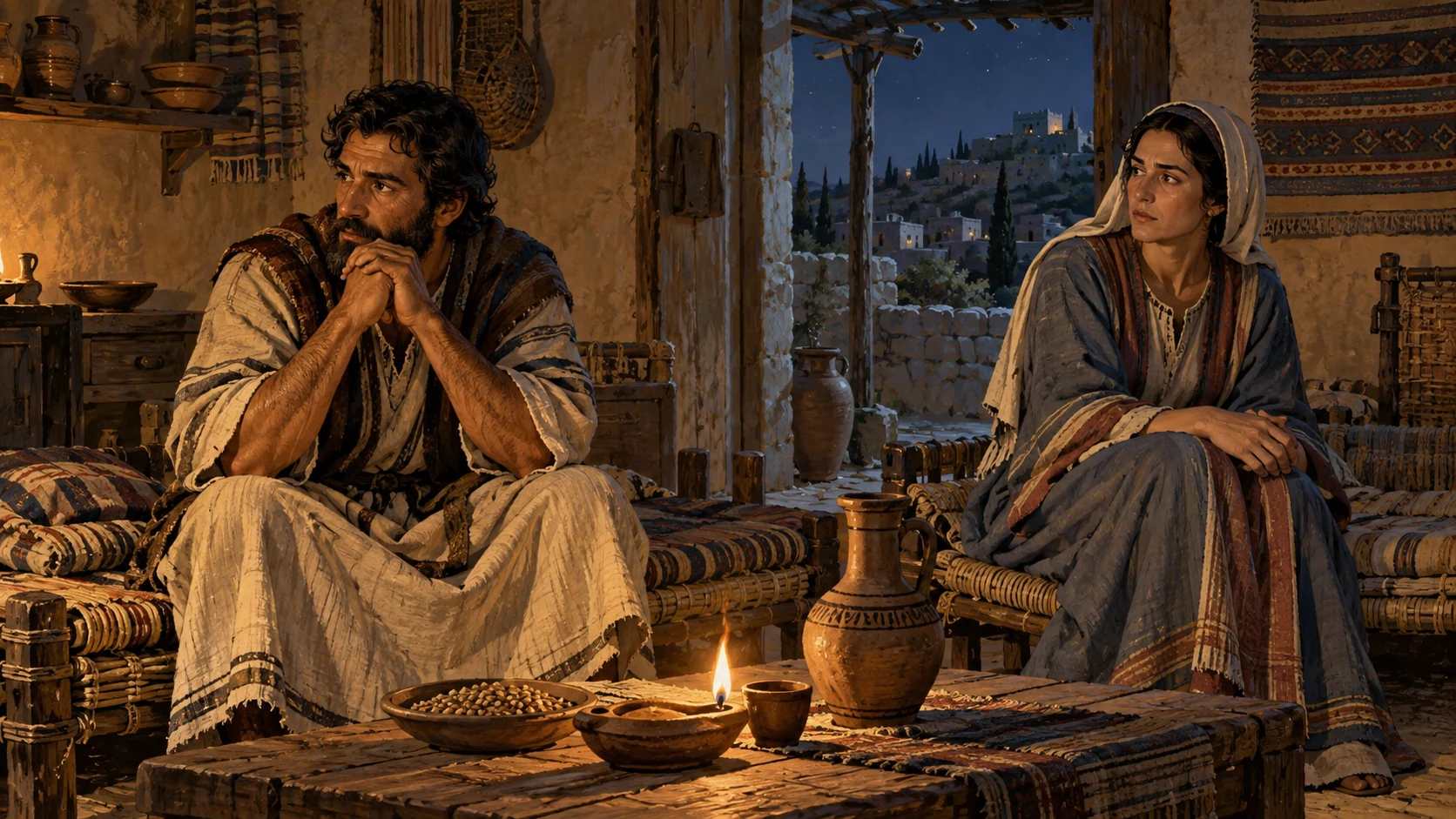 Anonymous fully clothed adults sit awake on simple reed beds in lamplight, grain bowl and wine jug near foreground; no bedroom sexual scene or invented prayers.