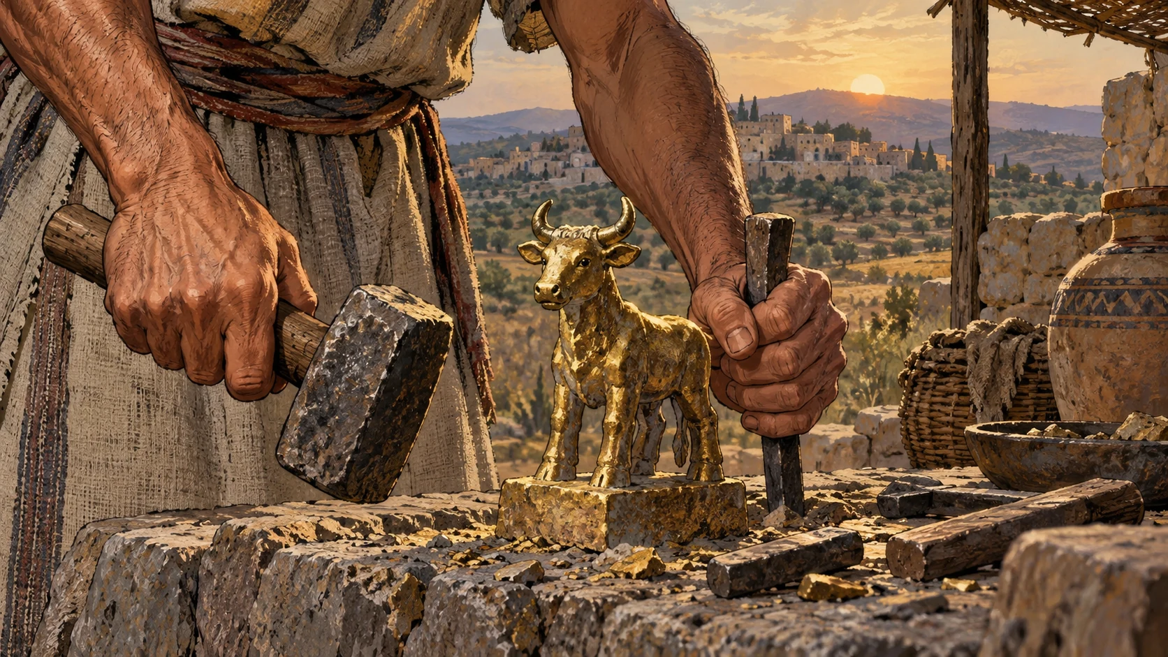 Close anonymous adult hands grasp plain tools beside a small unlettered idol, muscular forearms natural; metaphor of strength misdirected, no literal deity coaching soldiers.