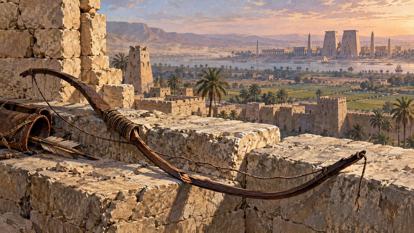 Bent damaged bow with loose string on abandoned stone parapet, distant Egyptian-looking buildings across hazy desert edge, no execution or named fallen rulers.
