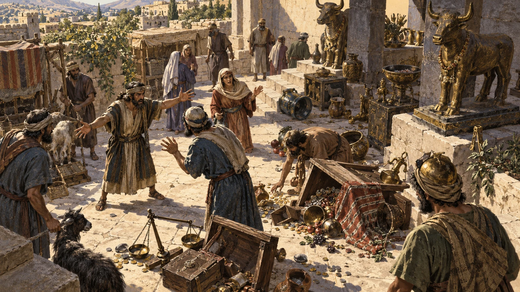 Anonymous adults in public courtyard surrounded by neglected idol objects and overturned market scales, high angled view, no divine face or written criminal charges.