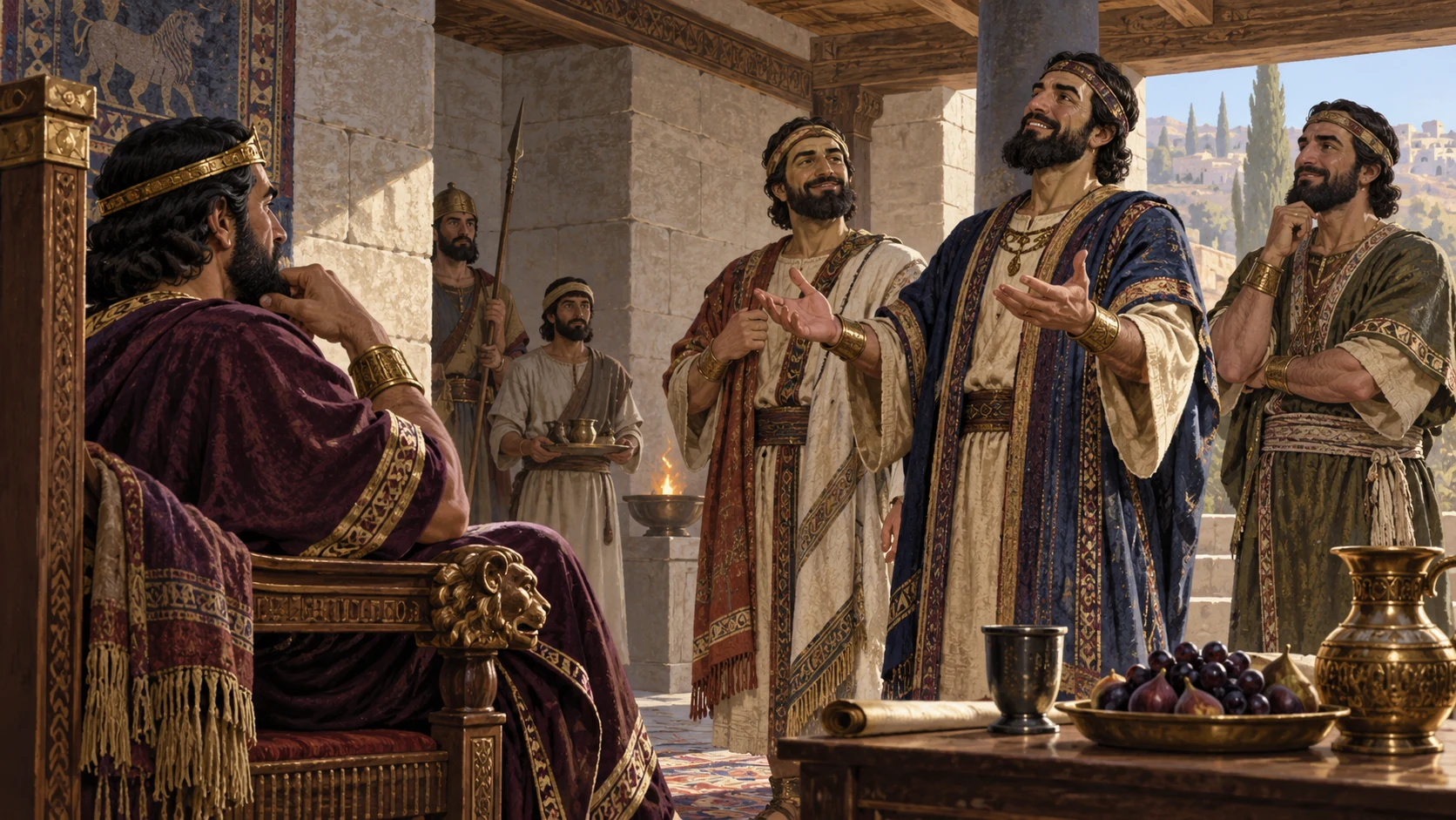 Anonymous seated northern royal figure listens to finely clothed courtiers with self-satisfied faces in a modest limestone hall with timber beams, muted linen and wool garments; no glazed brick, blue columns, monumental reliefs, specific king identity or invented dialogue.